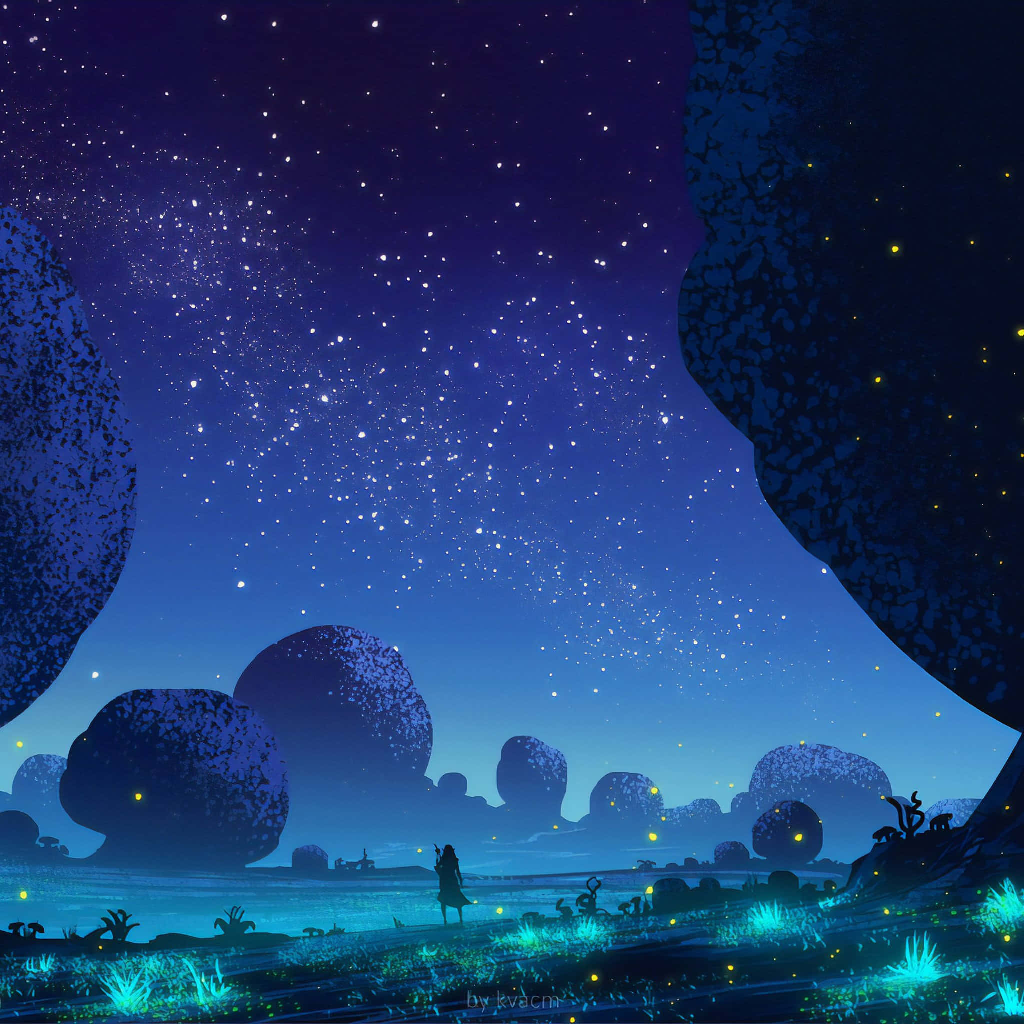 Serene Forest Scene, starry night sky, giant rock formations, Full HD Desktop Wallpaper