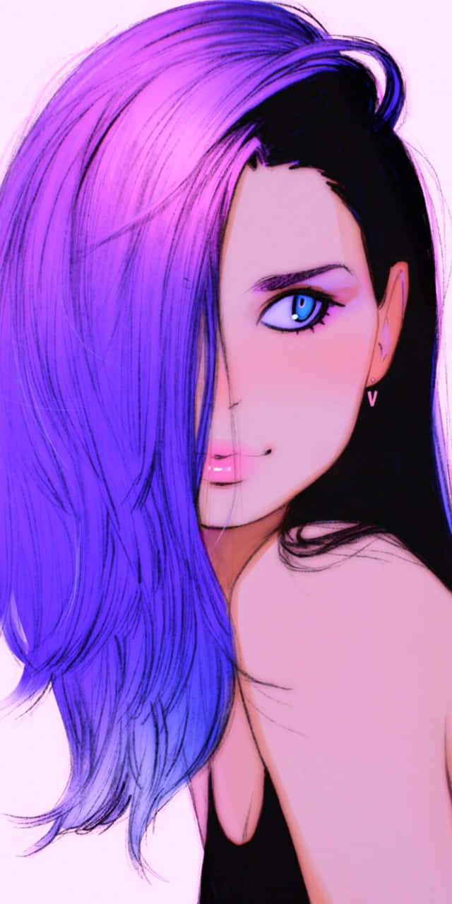 anime girl, half-purple half-black hair, striking blue eyes, HD Phone Wallpaper