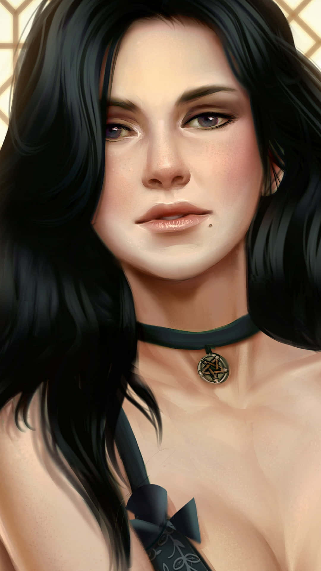 beautiful girl cartoon, long black hair, pentagram pendant necklace, Full HD Phone Wallpaper