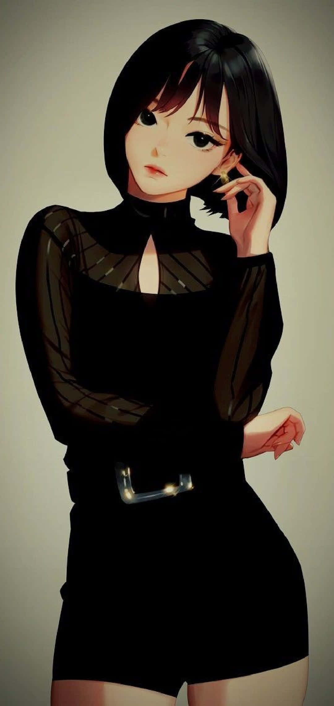 Beautiful Girl Cartoon, short black hair, sheer black top, Full HD Phone Wallpaper