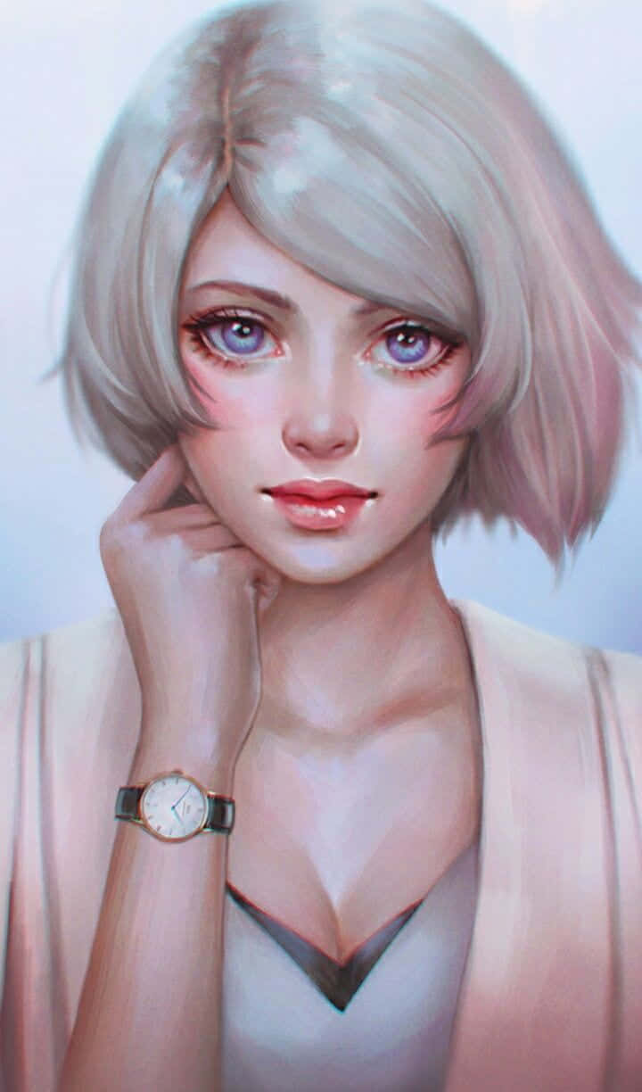 beautiful girl cartoon, anime-style, silver hair, SD Phone Wallpaper
