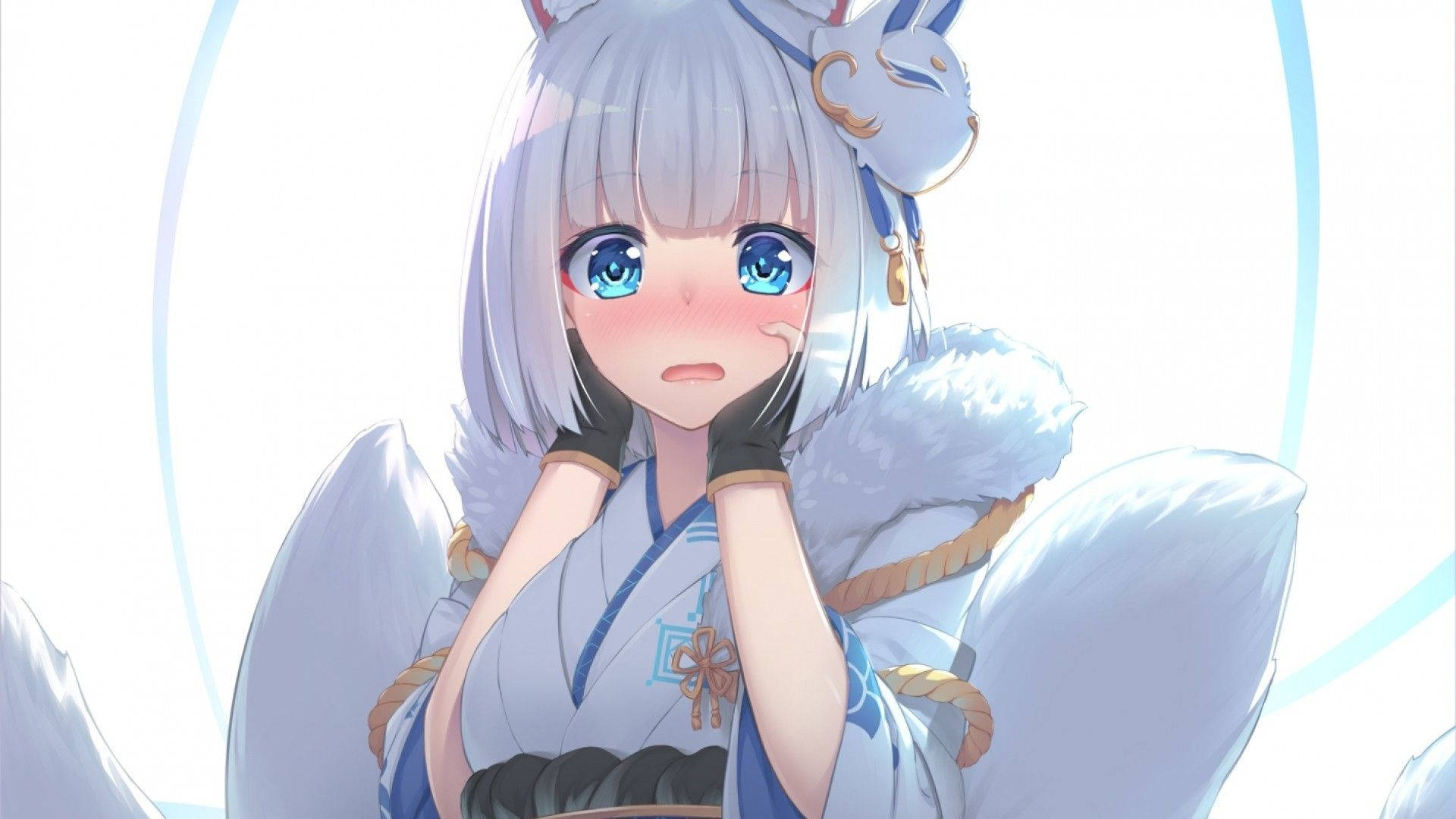 kitsune, silver hair, blue eyes, Full HD Desktop Wallpaper