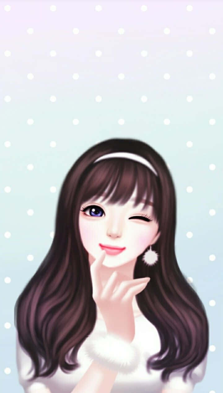 anime girl, long brown hair, winks playfully, SD Phone Wallpaper
