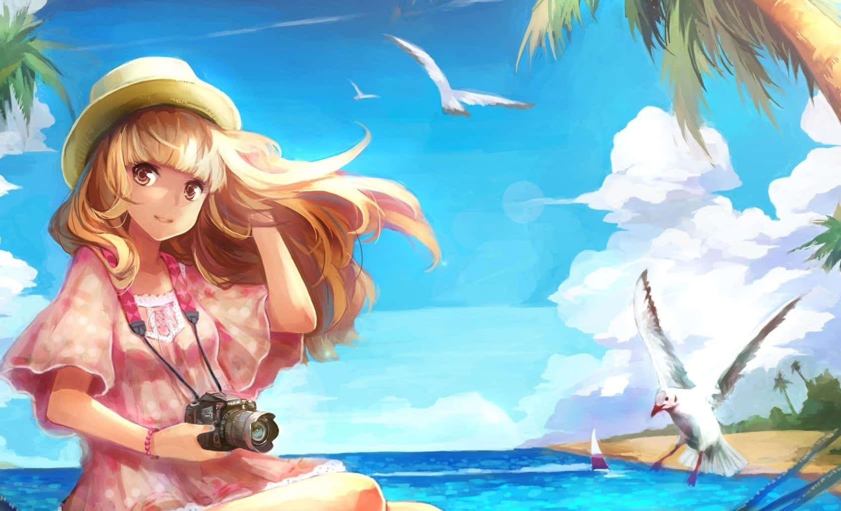 anime girl, straw hat, camera, HD Desktop Wallpaper