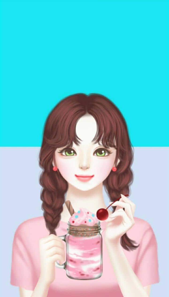 anime girl, braided hair, pink milkshake, SD Phone Wallpaper
