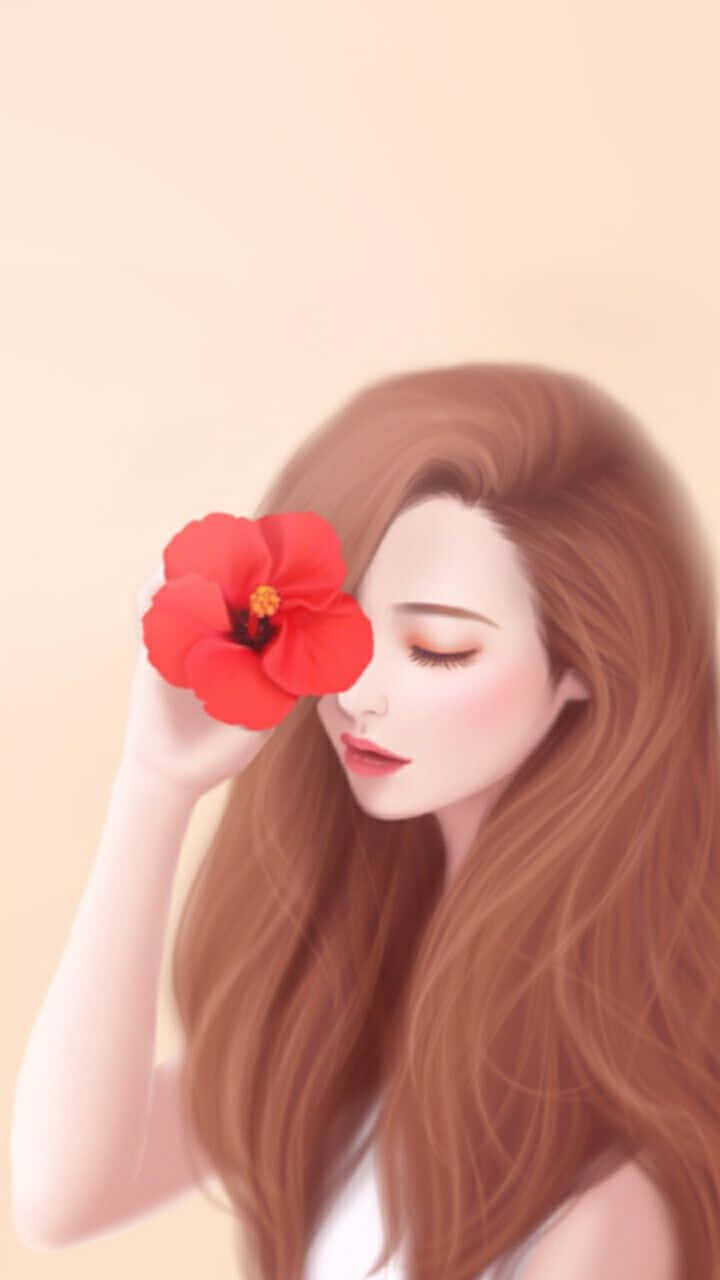 anime girl, long brown hair, vibrant red hibiscus flower, HD Phone Wallpaper