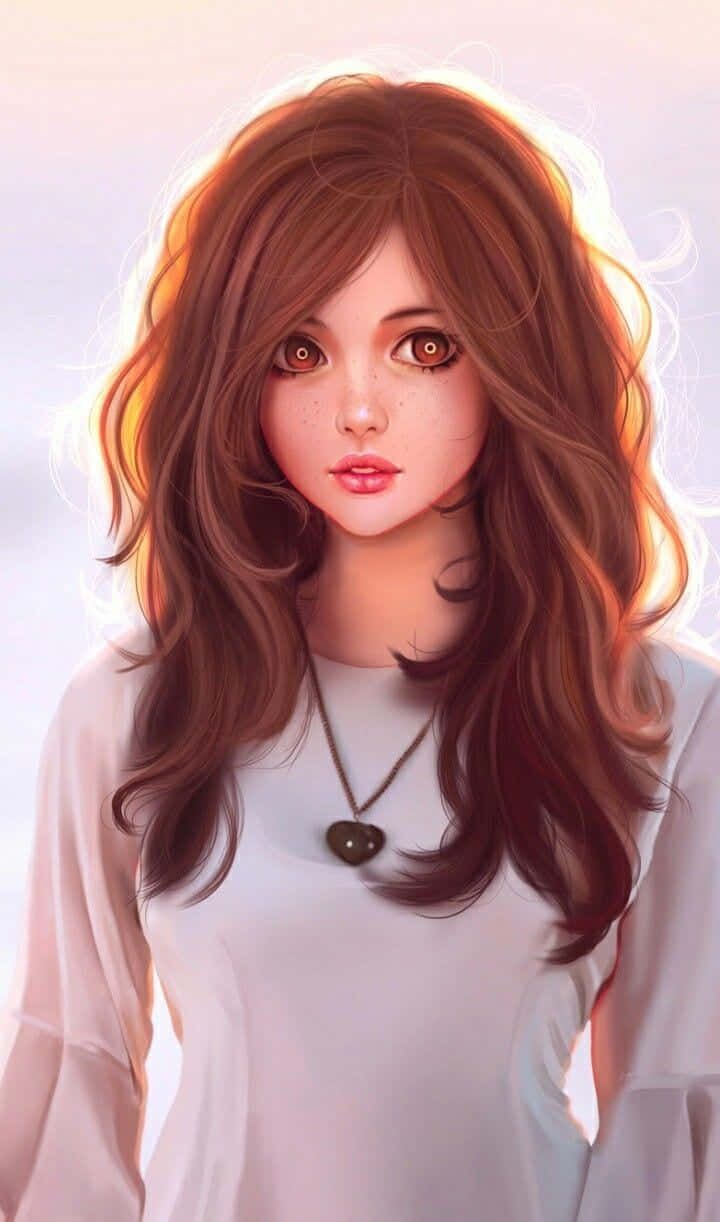 beautiful girl cartoon, young woman, wavy brown hair, SD Phone Wallpaper