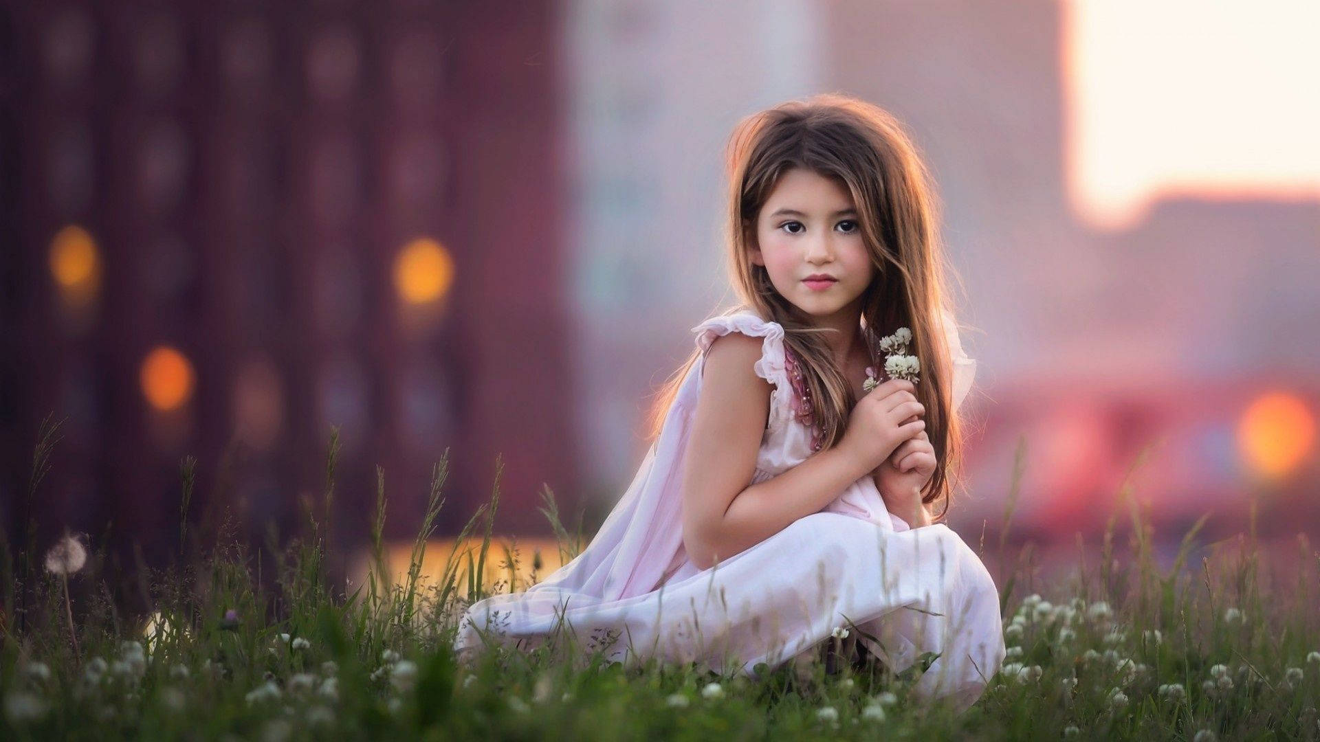 beautiful girl, flower field, white dress, Full HD Desktop Wallpaper