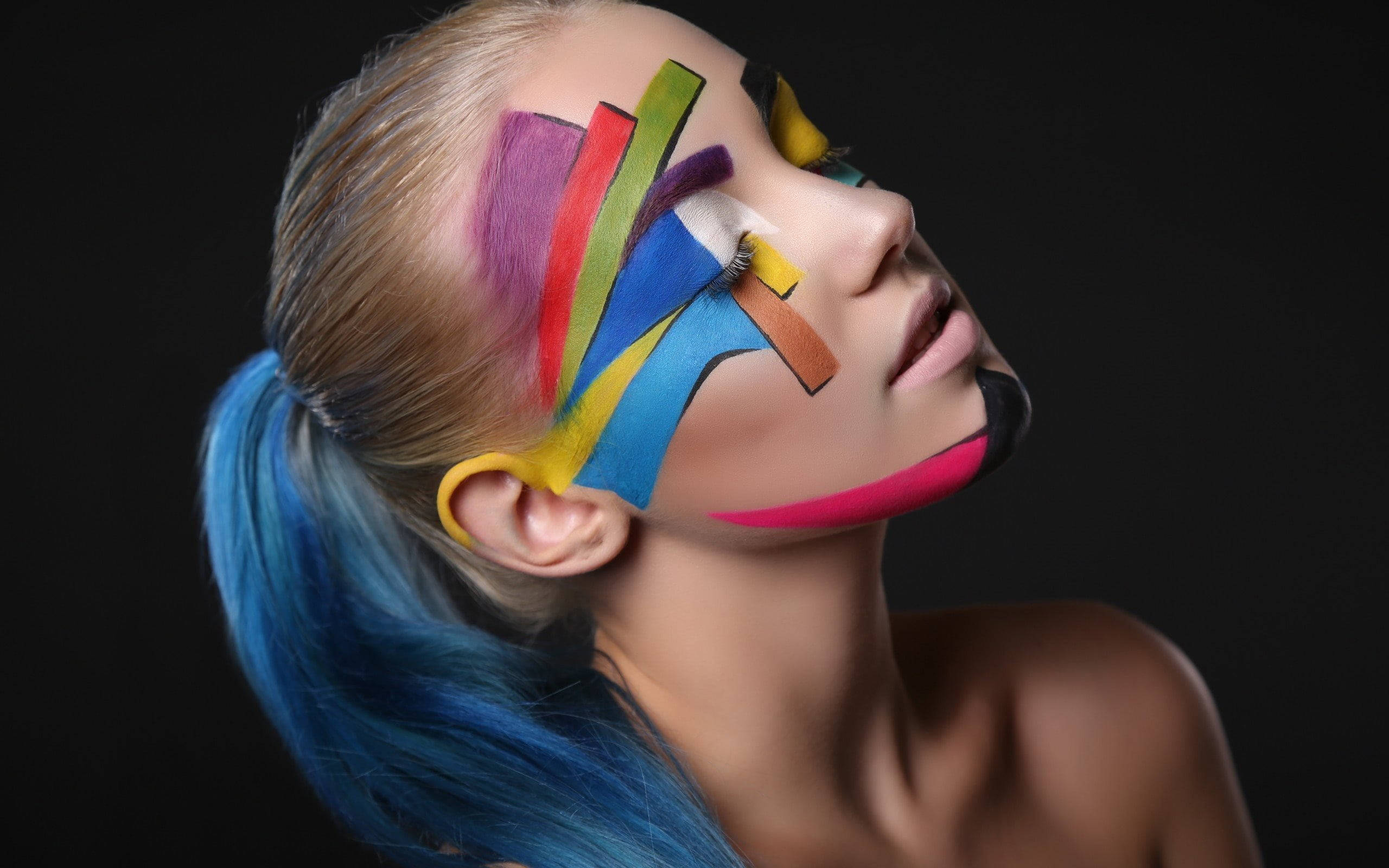 blue hair, colorful geometric tape art, black background, 2K Desktop Wallpaper