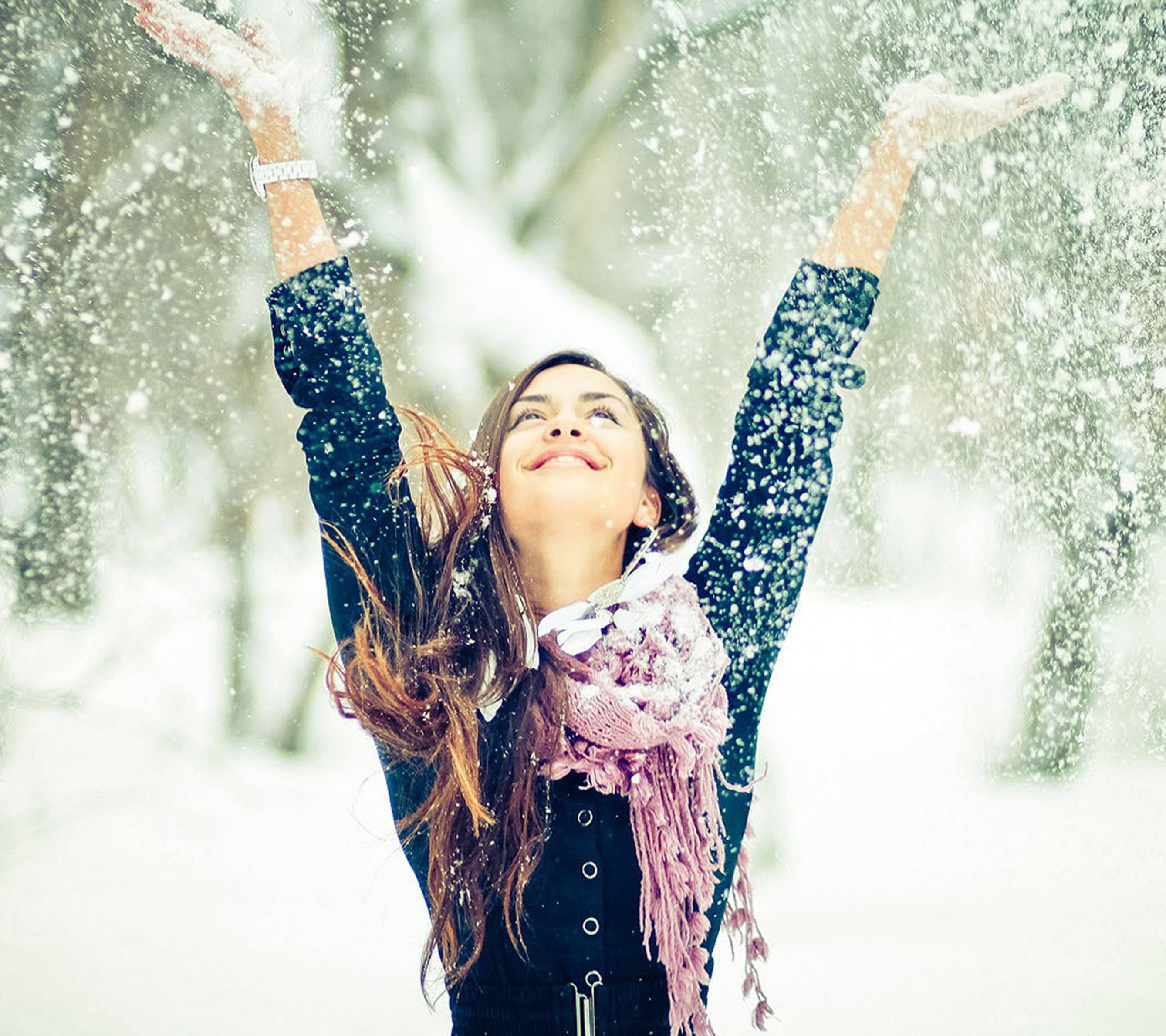 snow, snowy forest, joyful woman, 2K Desktop Wallpaper