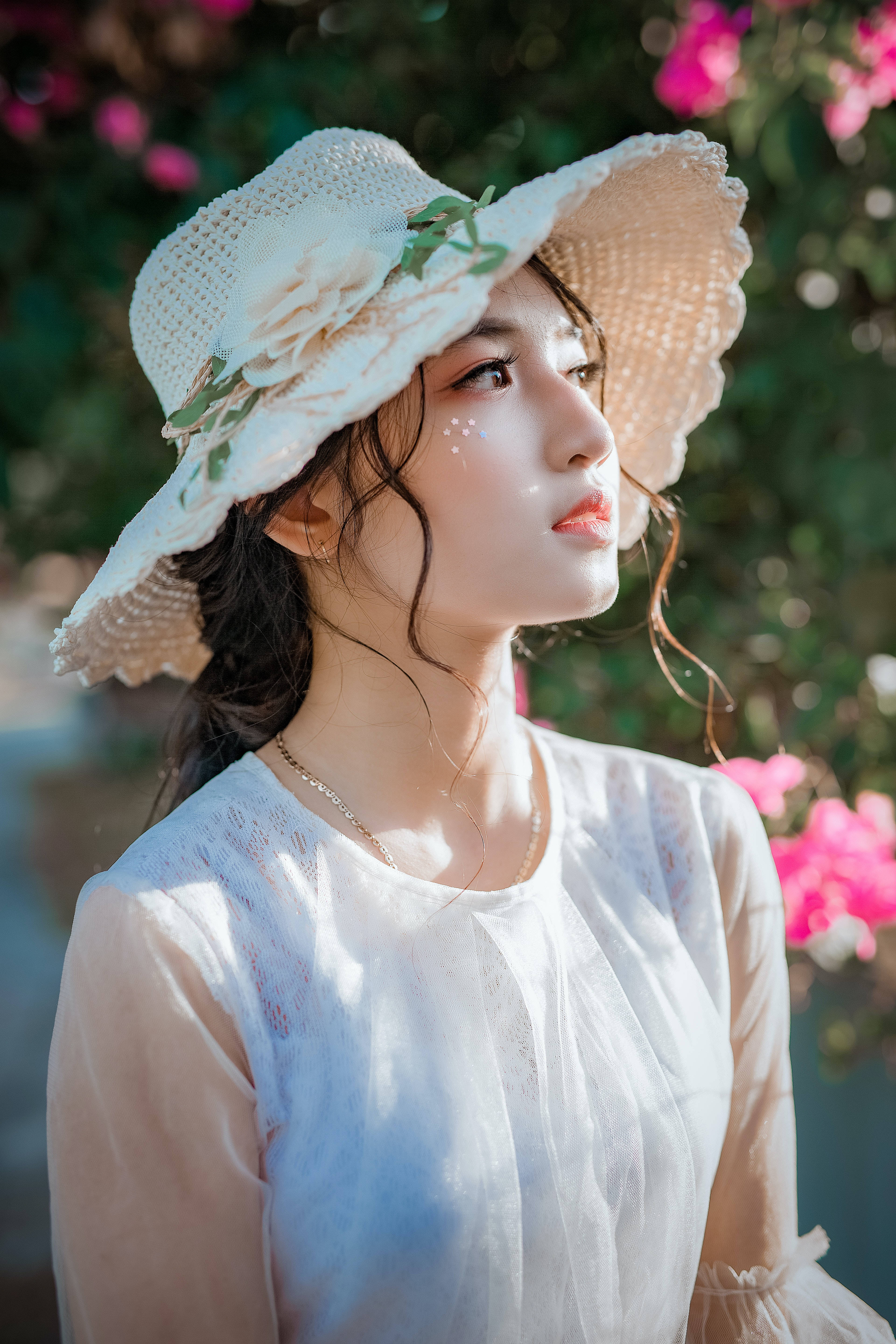 white lace hat, sheer blouse, soft pink flowers, 5K Phone Wallpaper