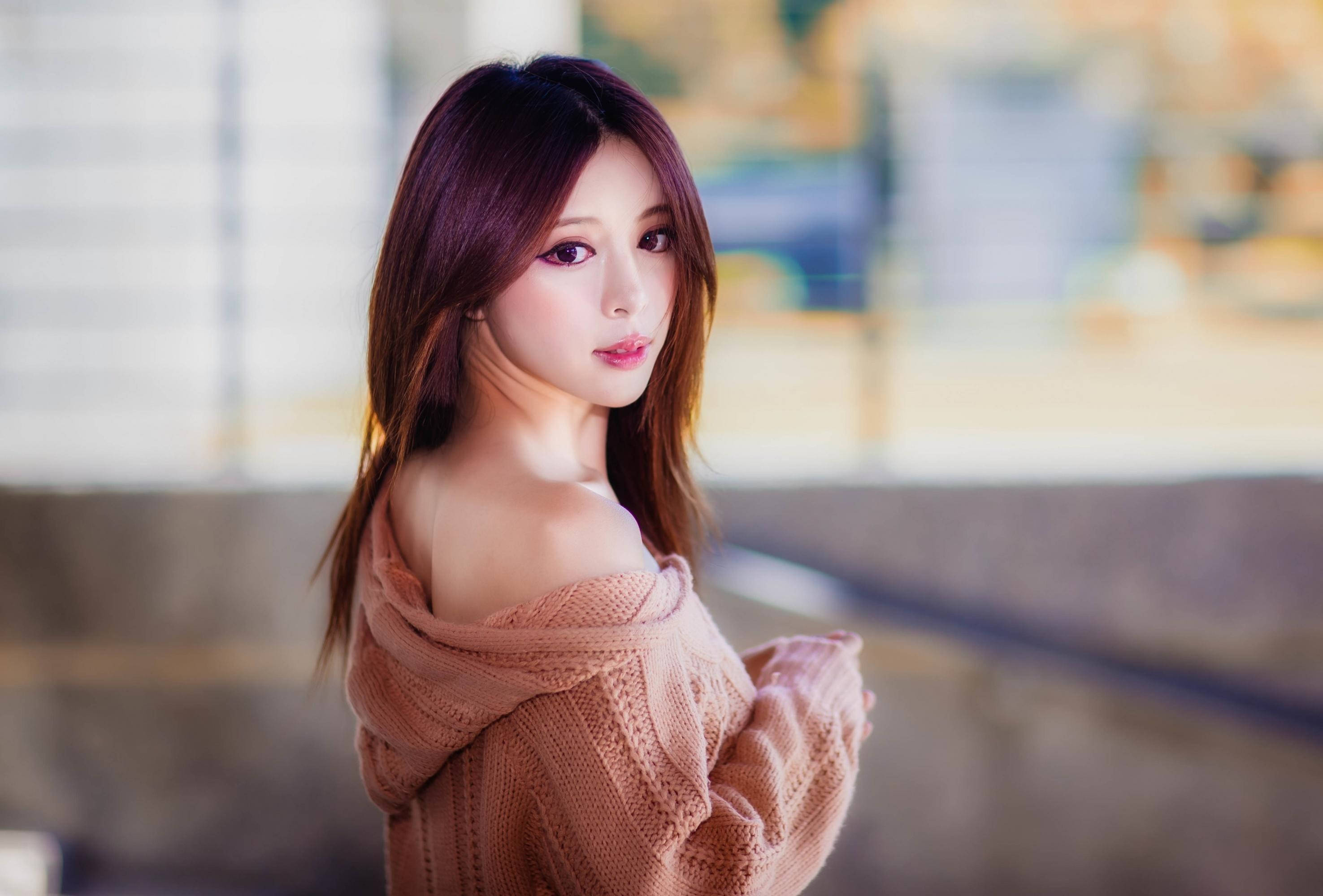 brown haired chinese girl, soft pink knitted sweater, long brown hair, 2K Desktop Wallpaper