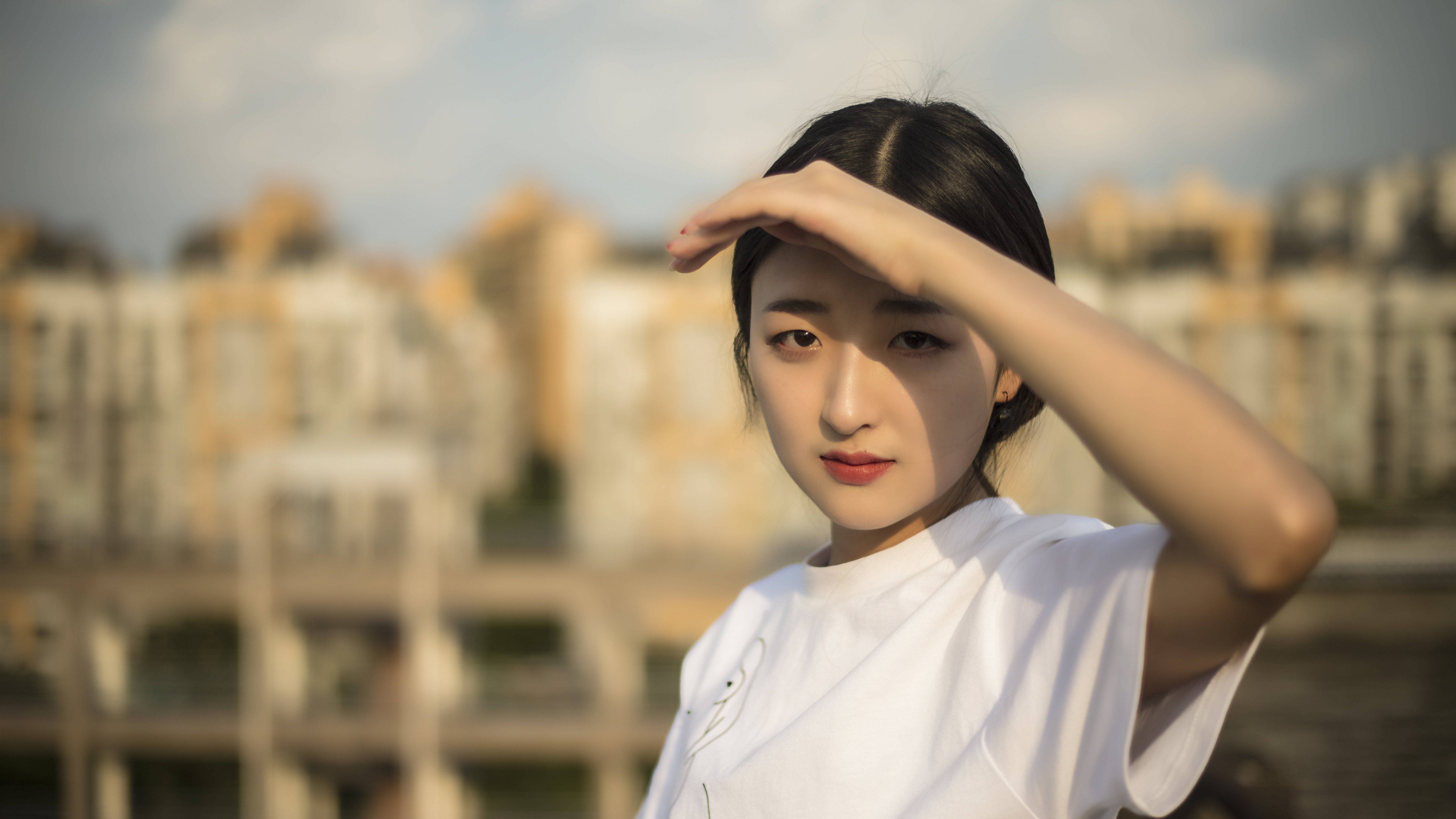 young Chinese girl, white t-shirt, sun, 8K Desktop Wallpaper
