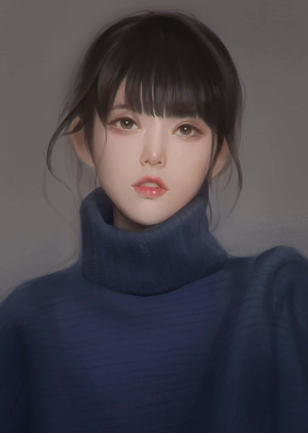 Korean Anime Girl, blue winter shirt, deep blue ribbed turtleneck, HD Phone Wallpaper