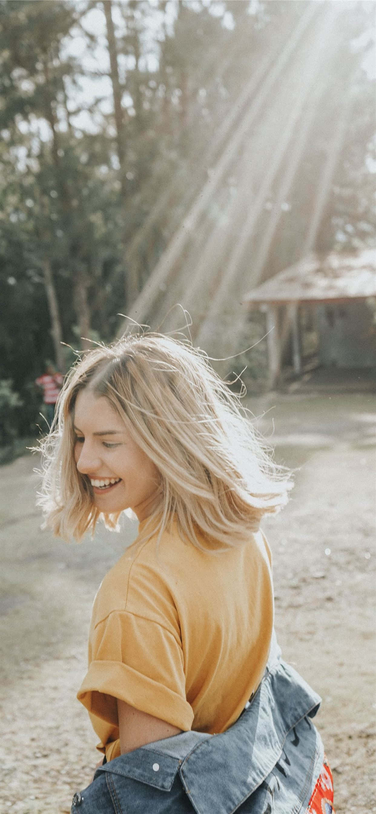 blonde hair, golden sunlight, trees, 2K Phone Wallpaper