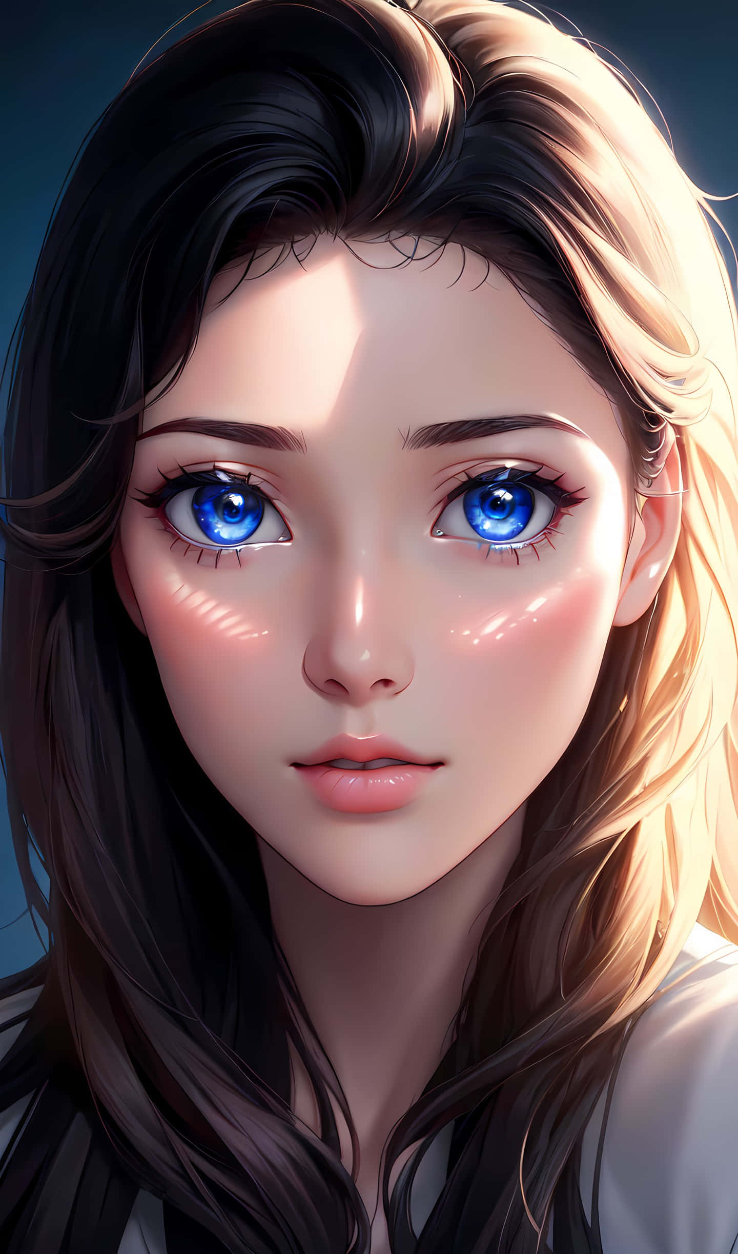 young woman, striking blue eyes, dark hair, Full HD Phone Wallpaper
