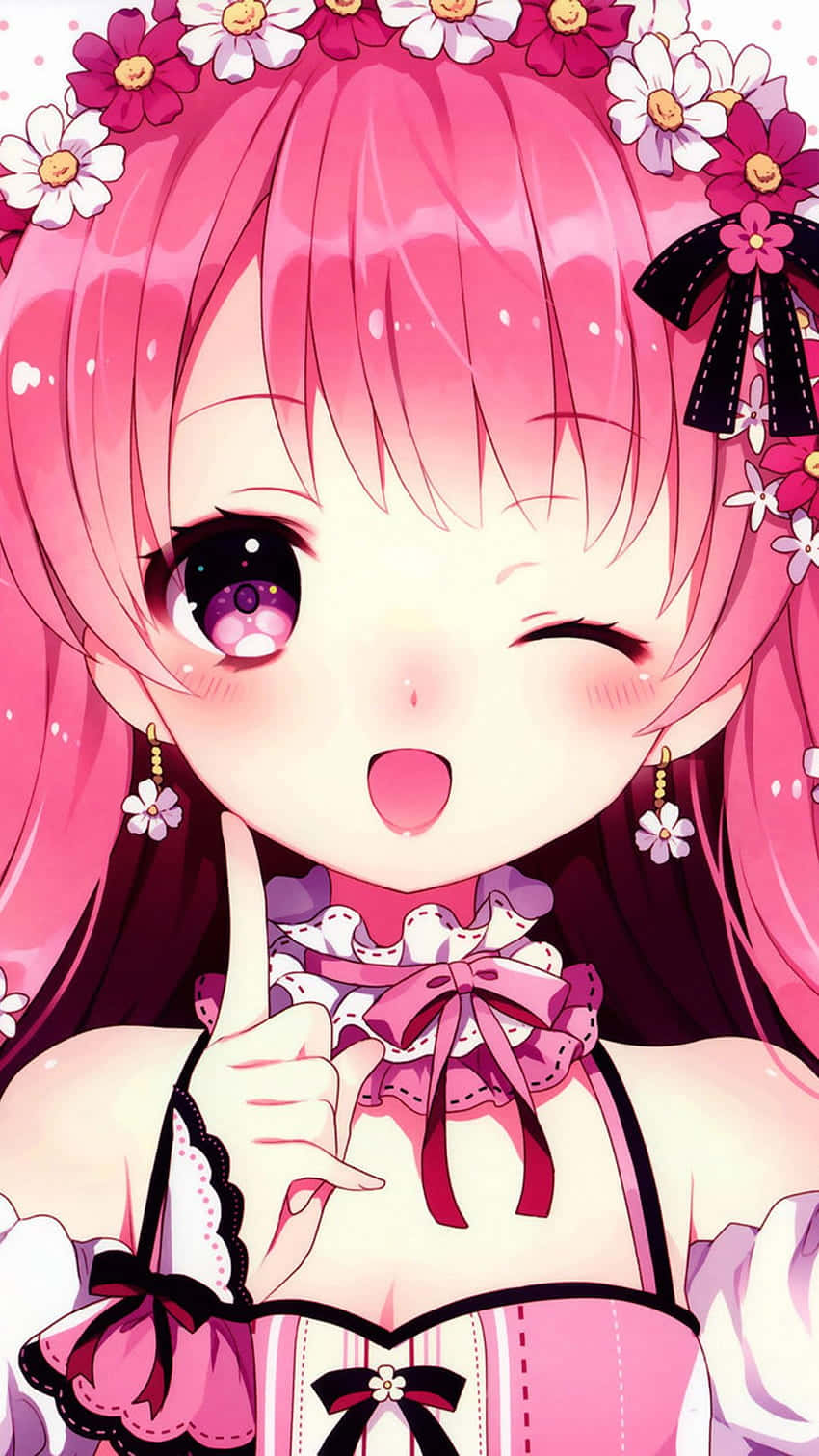 cute girly girl, pink hair, flower crown, HD Phone Wallpaper