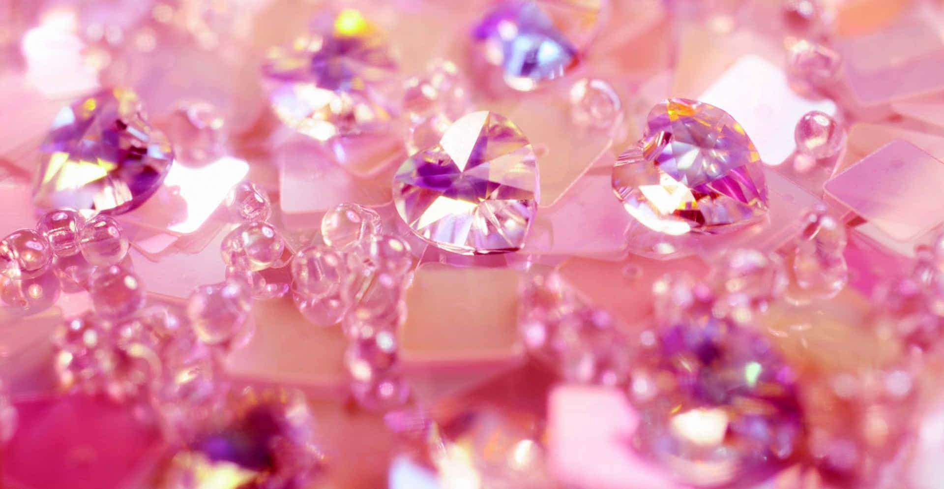 pink heart-shaped crystals, beads, iridescent light, Full HD Desktop Wallpaper