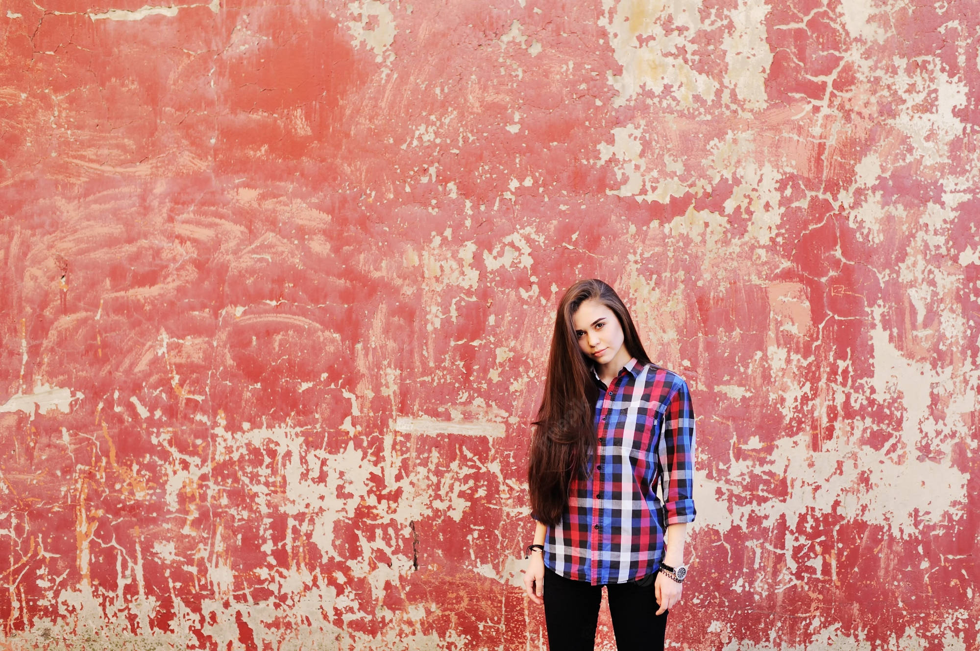 red and white peeling wall, plaid shirt, young woman, Full HD Desktop Wallpaper