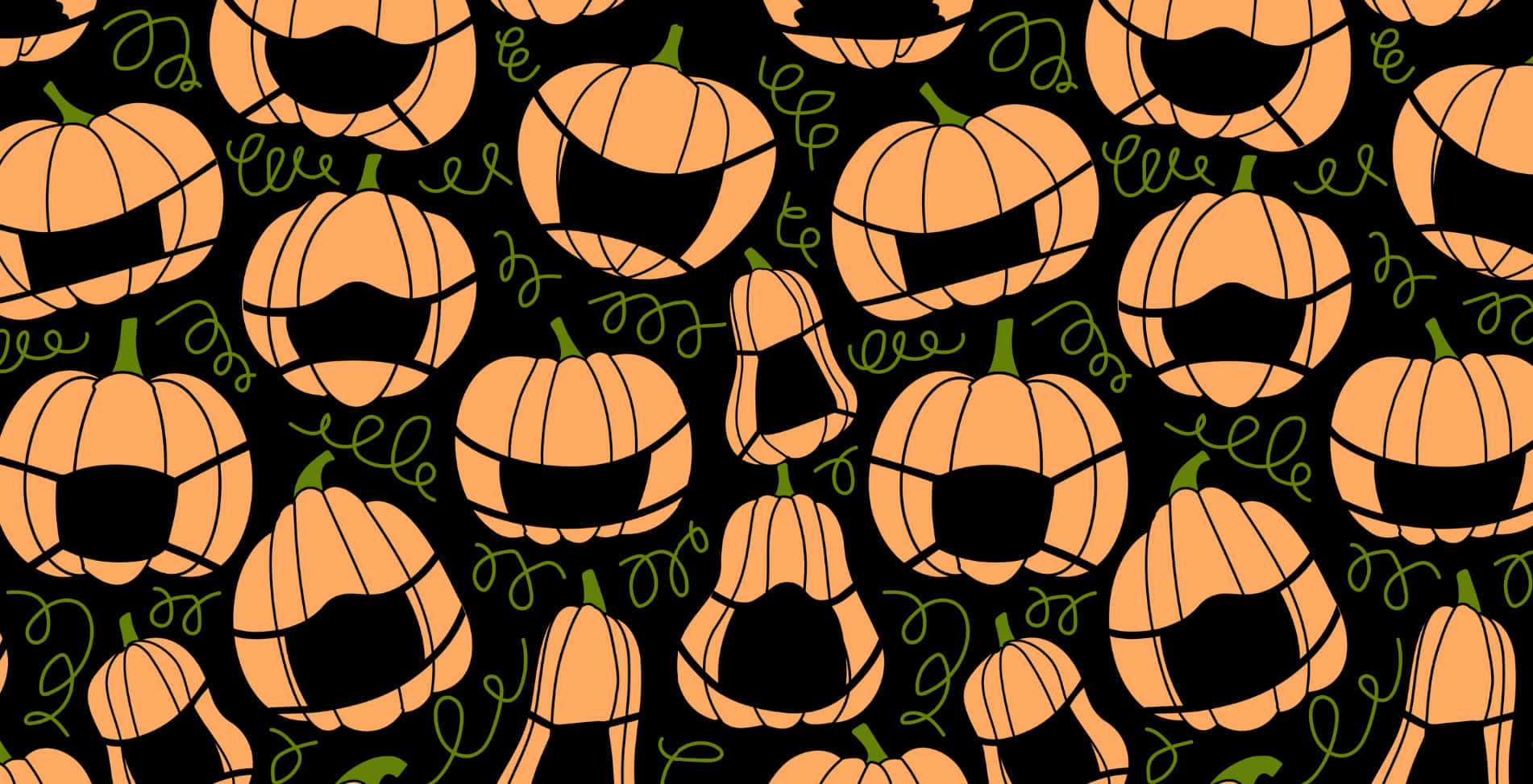orange jack-o'-lanterns, black grins, green vines, HD Desktop Wallpaper