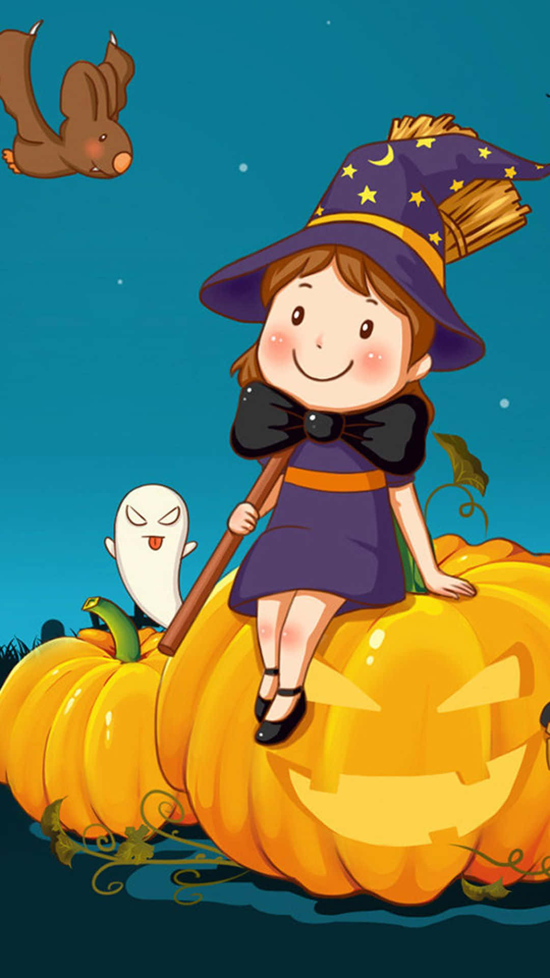 cartoon witch, purple hat, smiling jack-o'-lantern, Full HD Phone Wallpaper