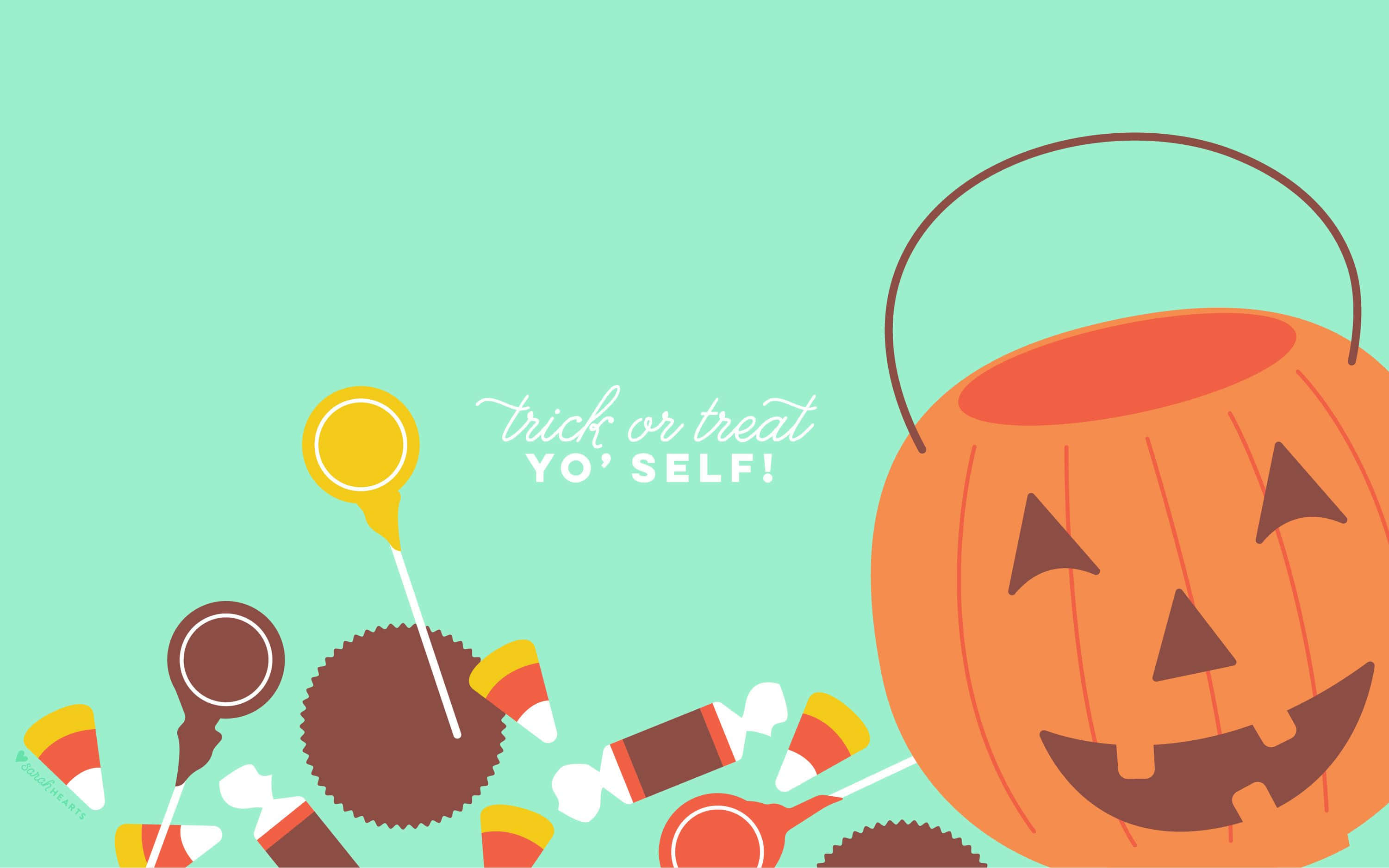 jack-o-lantern, candy, mint green background, 2K Desktop Wallpaper
