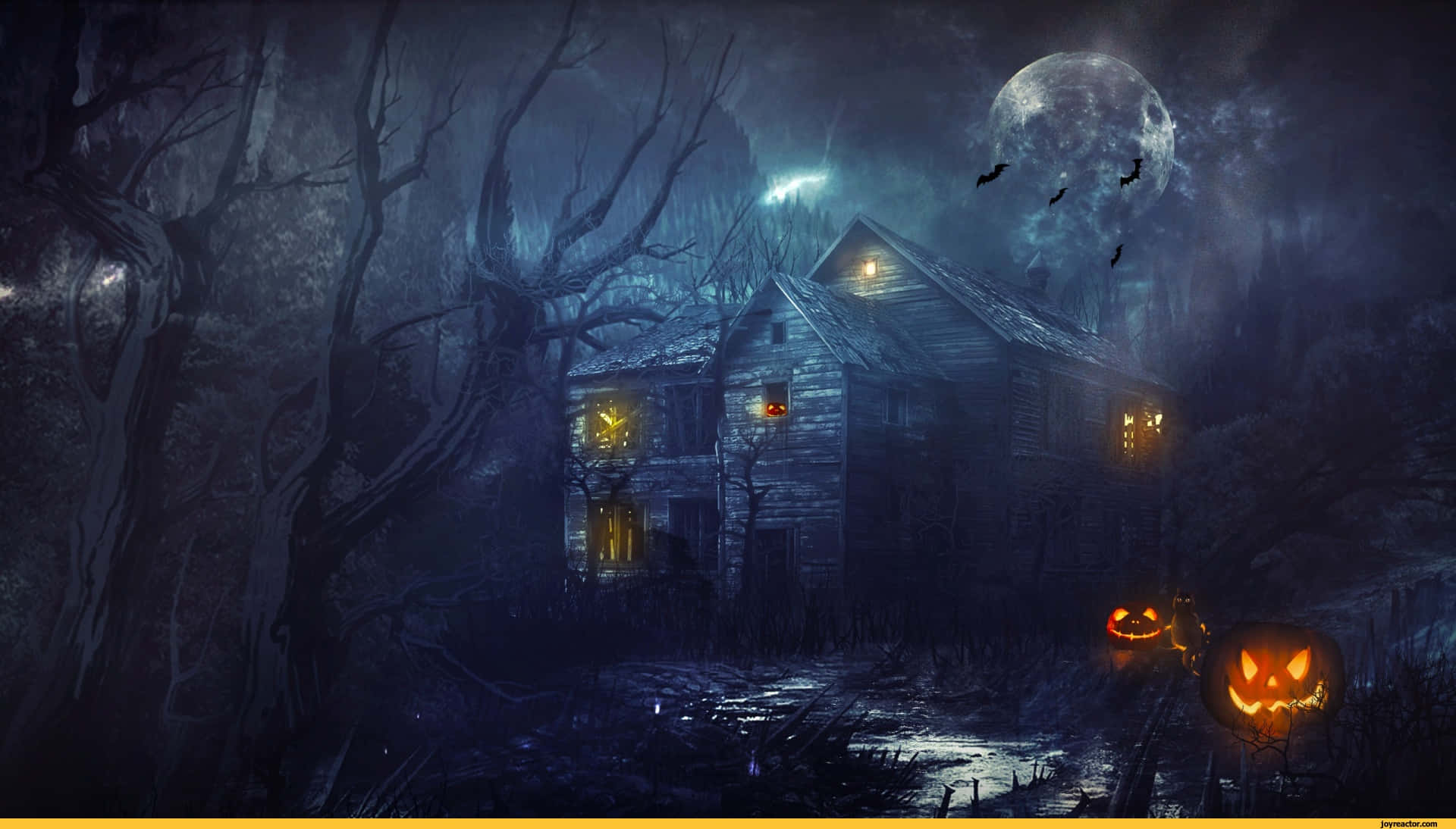 haunted house, glowing jack-o-lanterns, bats, Full HD Desktop Wallpaper