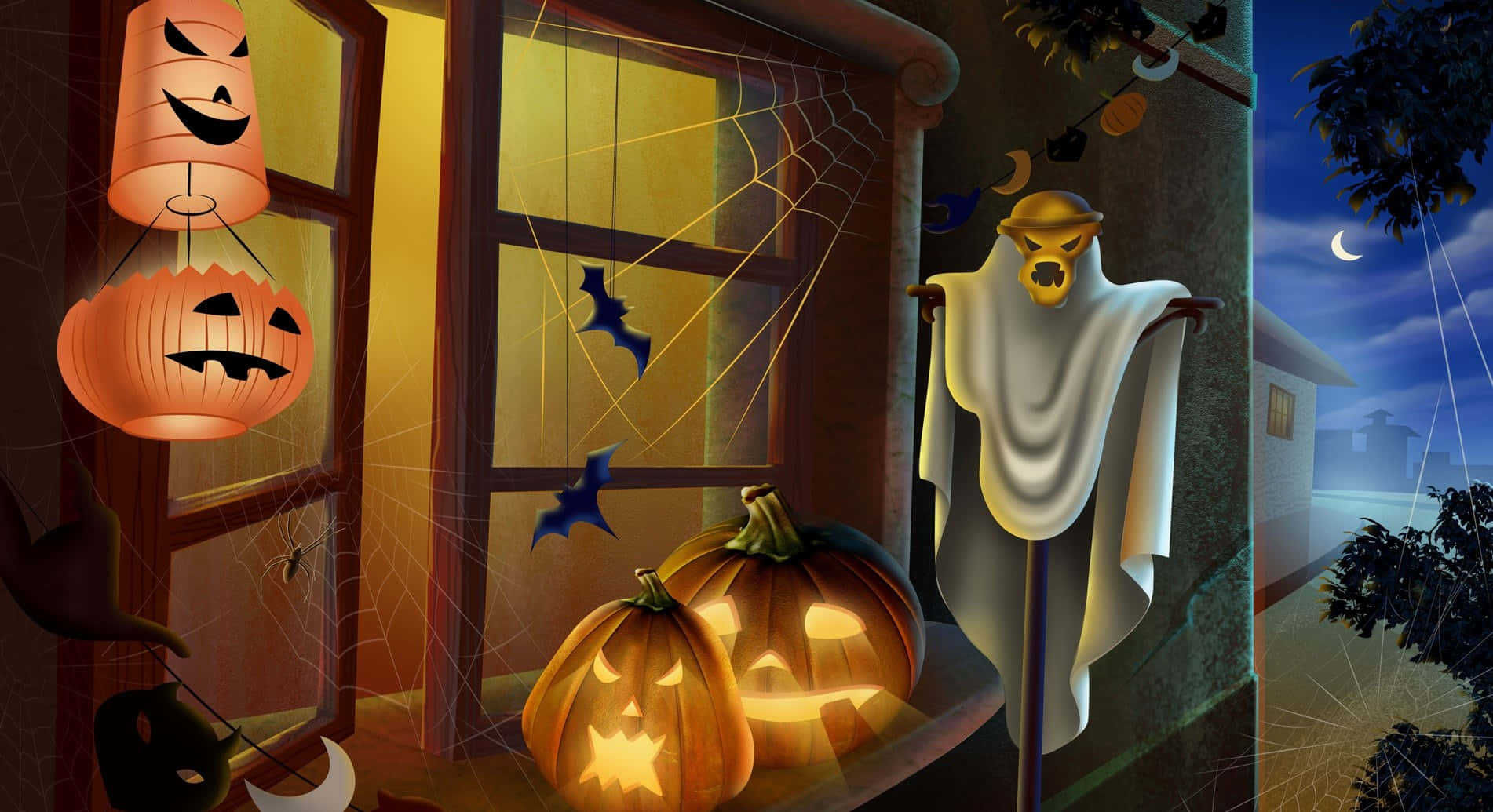 Halloween, jack-o'-lanterns, ghostly figure, HD Desktop Wallpaper