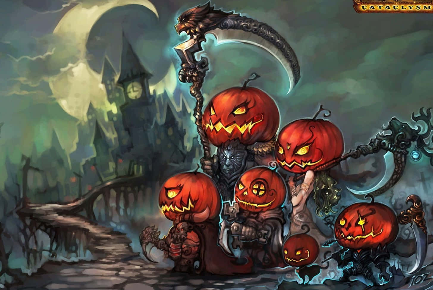 jack-o-lantern, scythe, crescent moon, HD Desktop Wallpaper