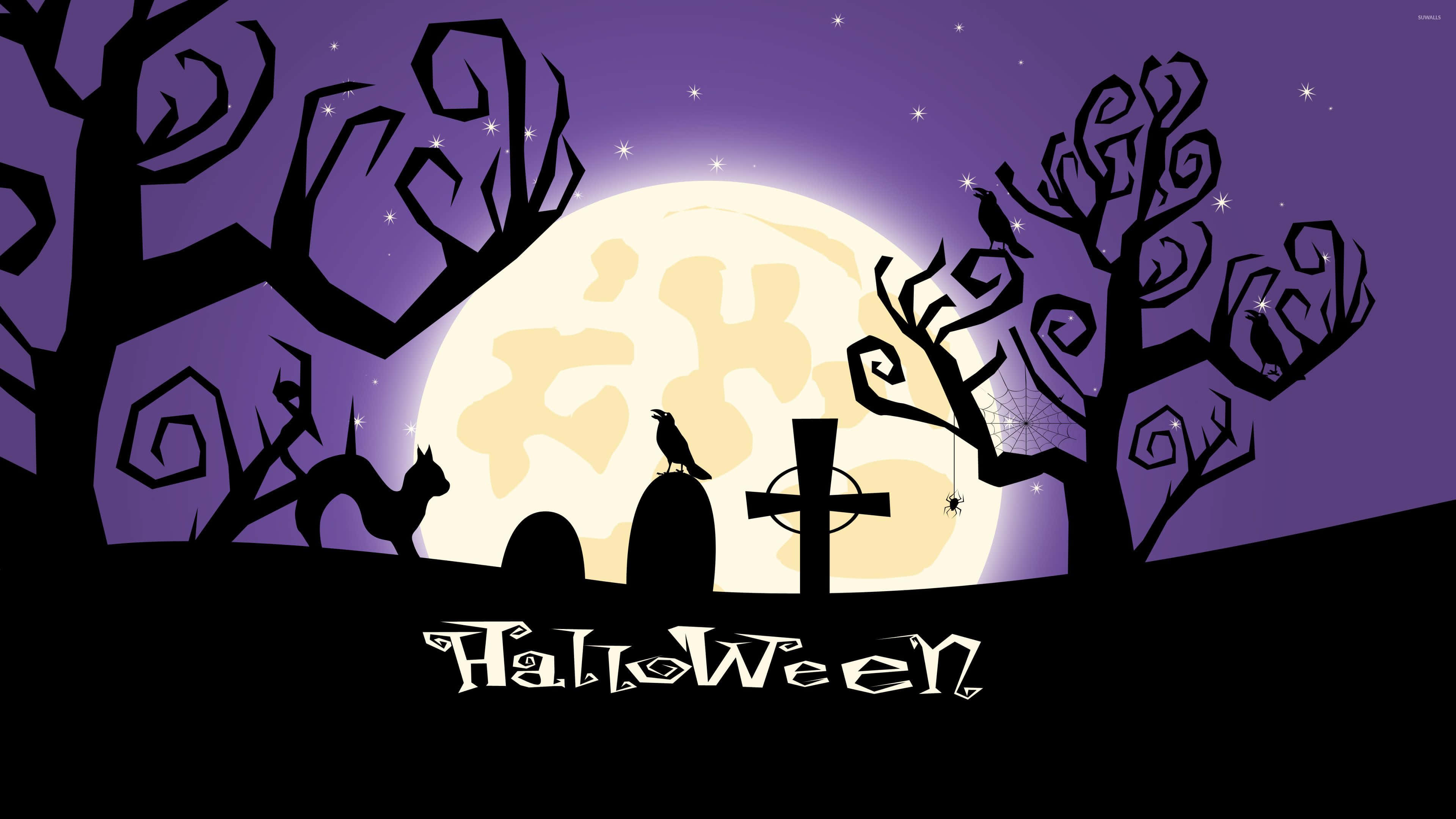 Halloween graveyard, glowing full moon, starry purple sky, 4K Desktop Wallpaper