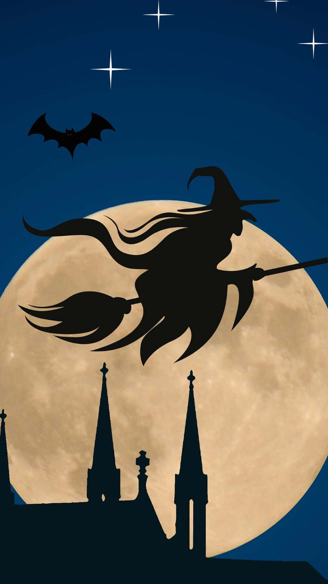 halloween witch, full moon, broomstick, Full HD Phone Wallpaper