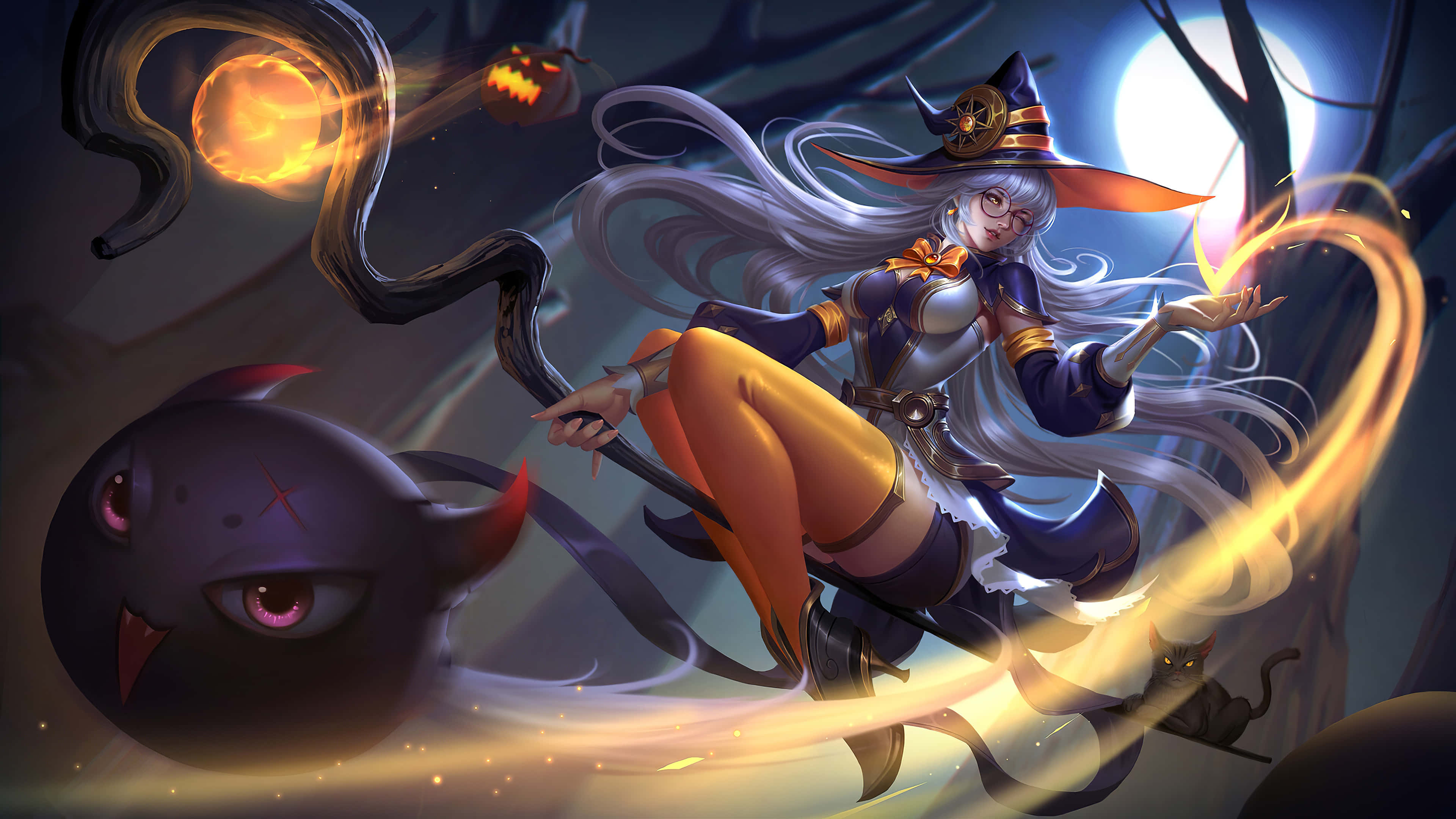 witch, silver hair, purple hat, 4K Desktop Wallpaper