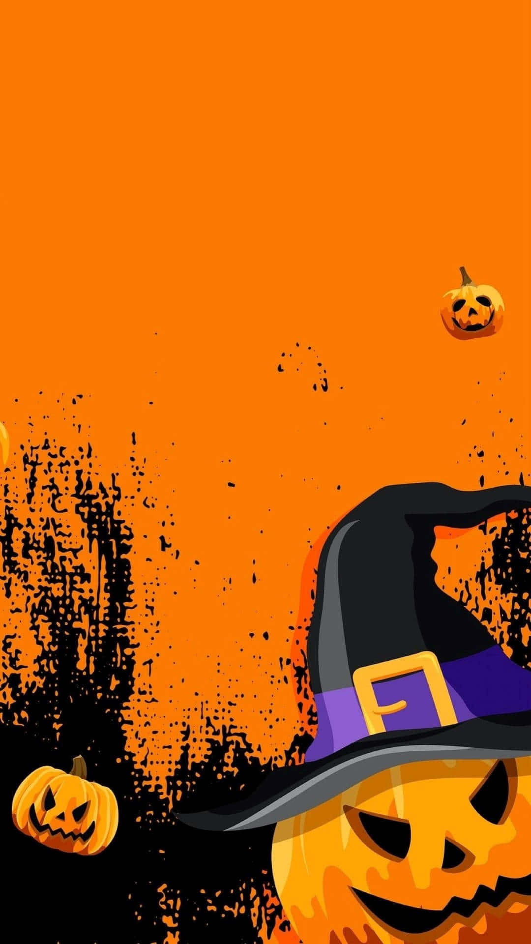 jack-o'-lantern, witch hat, vibrant orange background, Full HD Phone Wallpaper