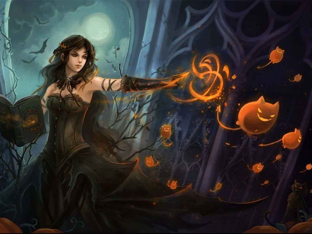 halloween witch, black dress, glowing orange spells, SD Desktop Wallpaper