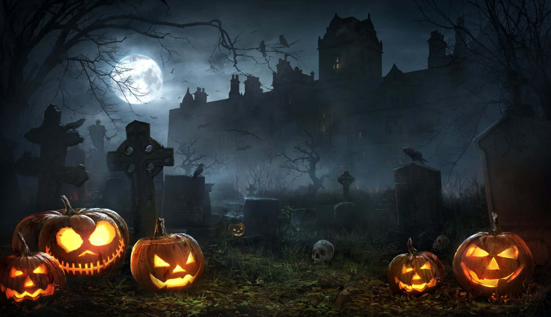 Halloween graveyard, glowing jack-o'-lanterns, misty graveyard, Full HD Desktop Wallpaper