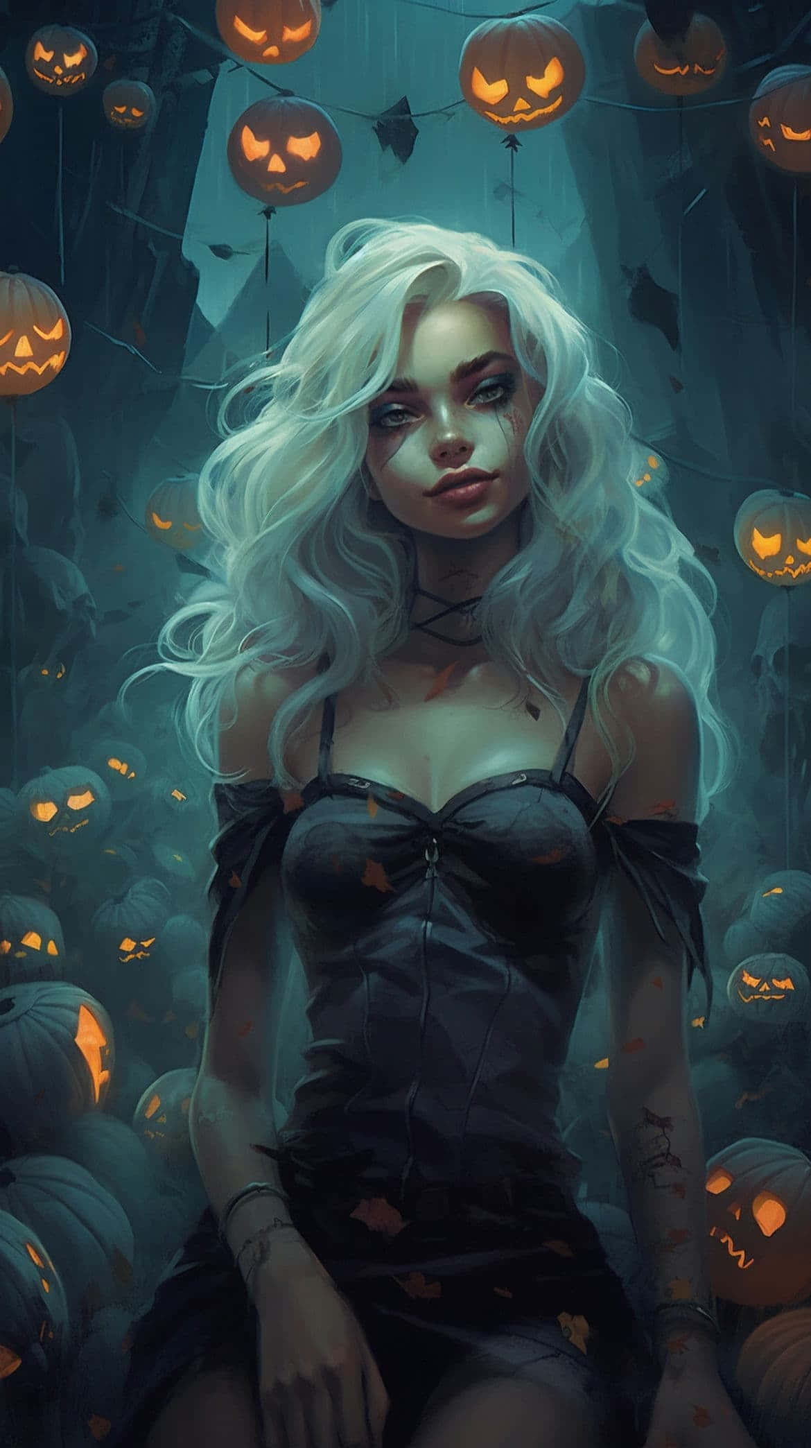 Enchanting Halloween Witch Artwork, glowing jack-o'-lanterns, misty, eerie forest, Full HD Phone Wallpaper
