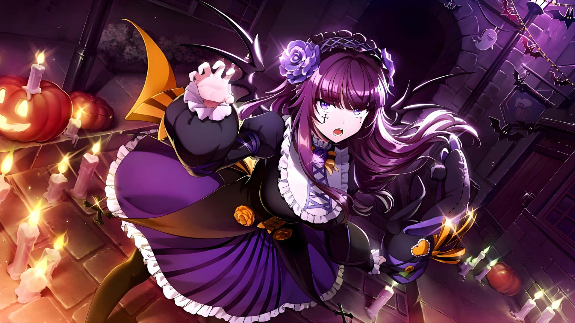 anime vampire girl, purple-haired, gothic dress, Full HD Desktop Wallpaper