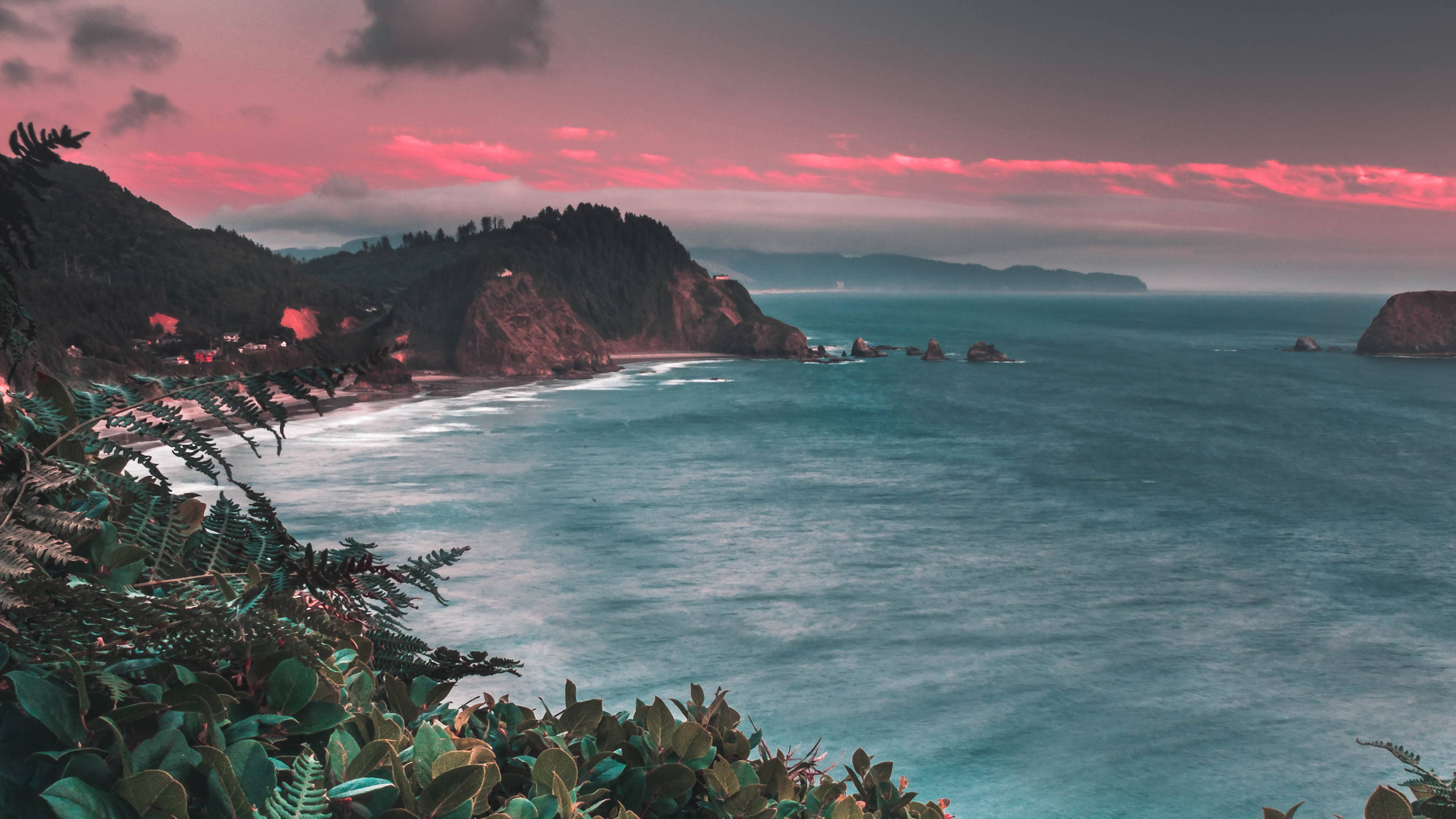 island dawn landscapes, sunset, pink clouds, 4K Desktop Wallpaper