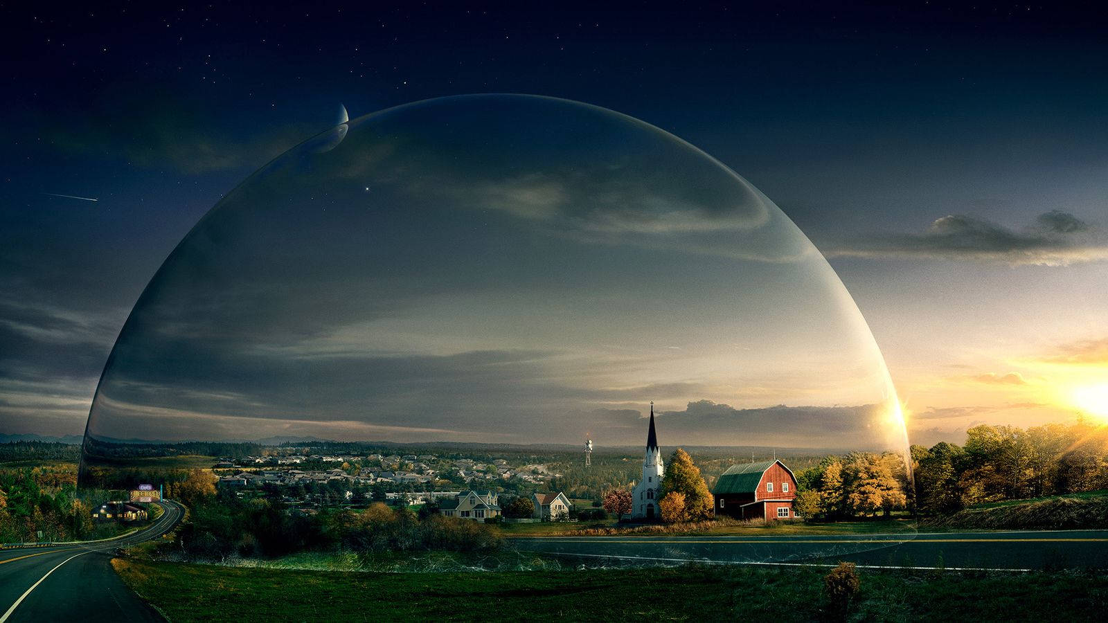 domed small town, giant transparent dome, quaint village, HD Desktop Wallpaper