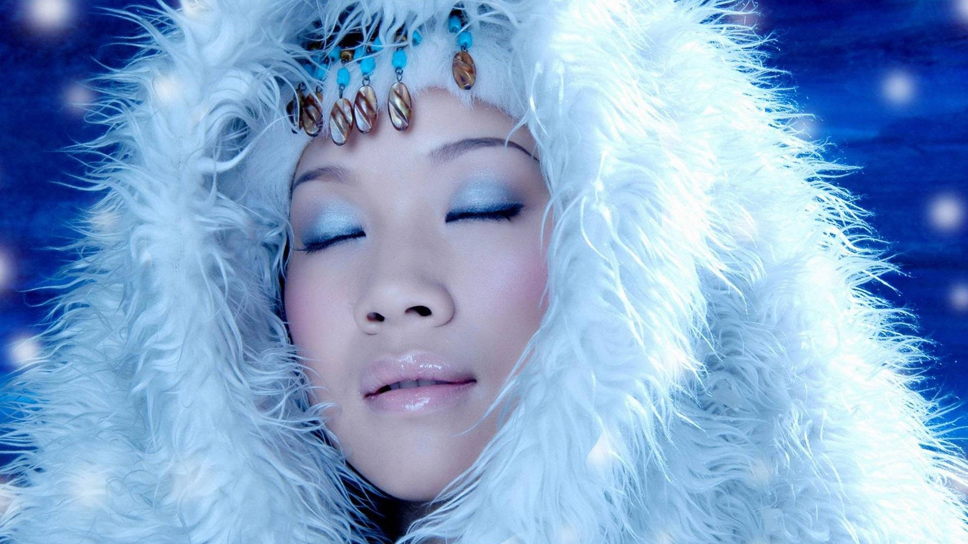 furry hood, fluffy white fur, turquoise beads, Full HD Desktop Wallpaper