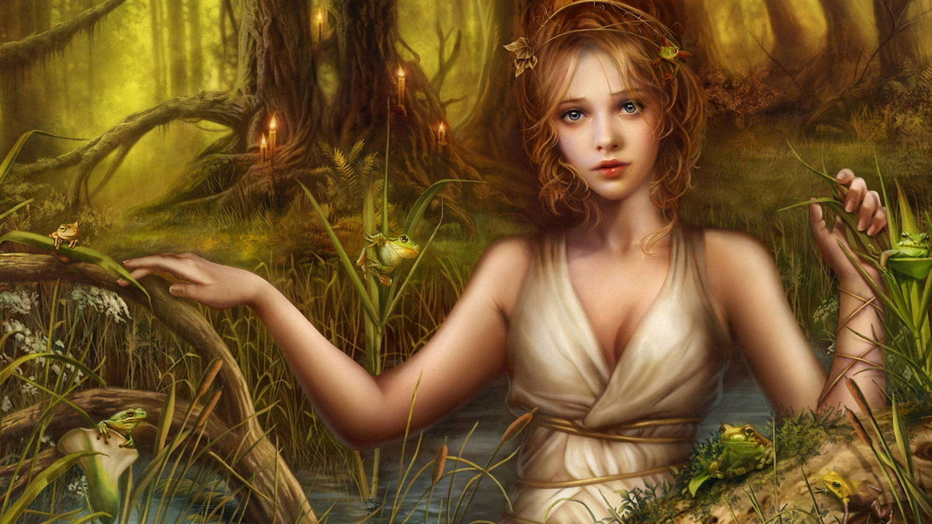 goddess, blue eyes, golden hair, Full HD Desktop Wallpaper