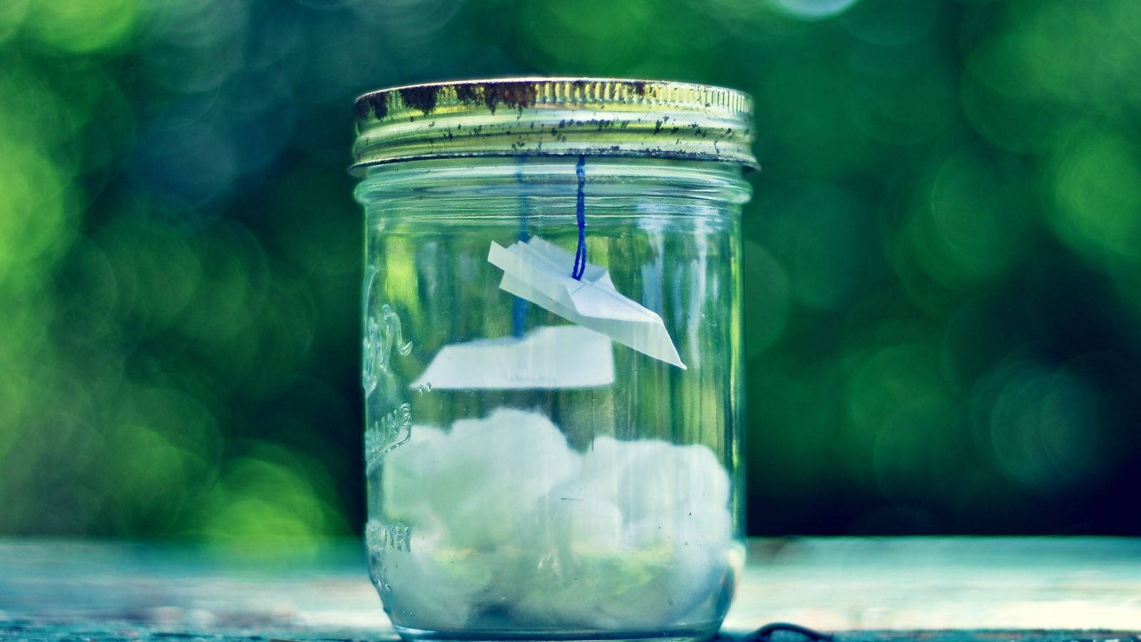 paper airplane, glass jar, cotton balls, HD Desktop Wallpaper