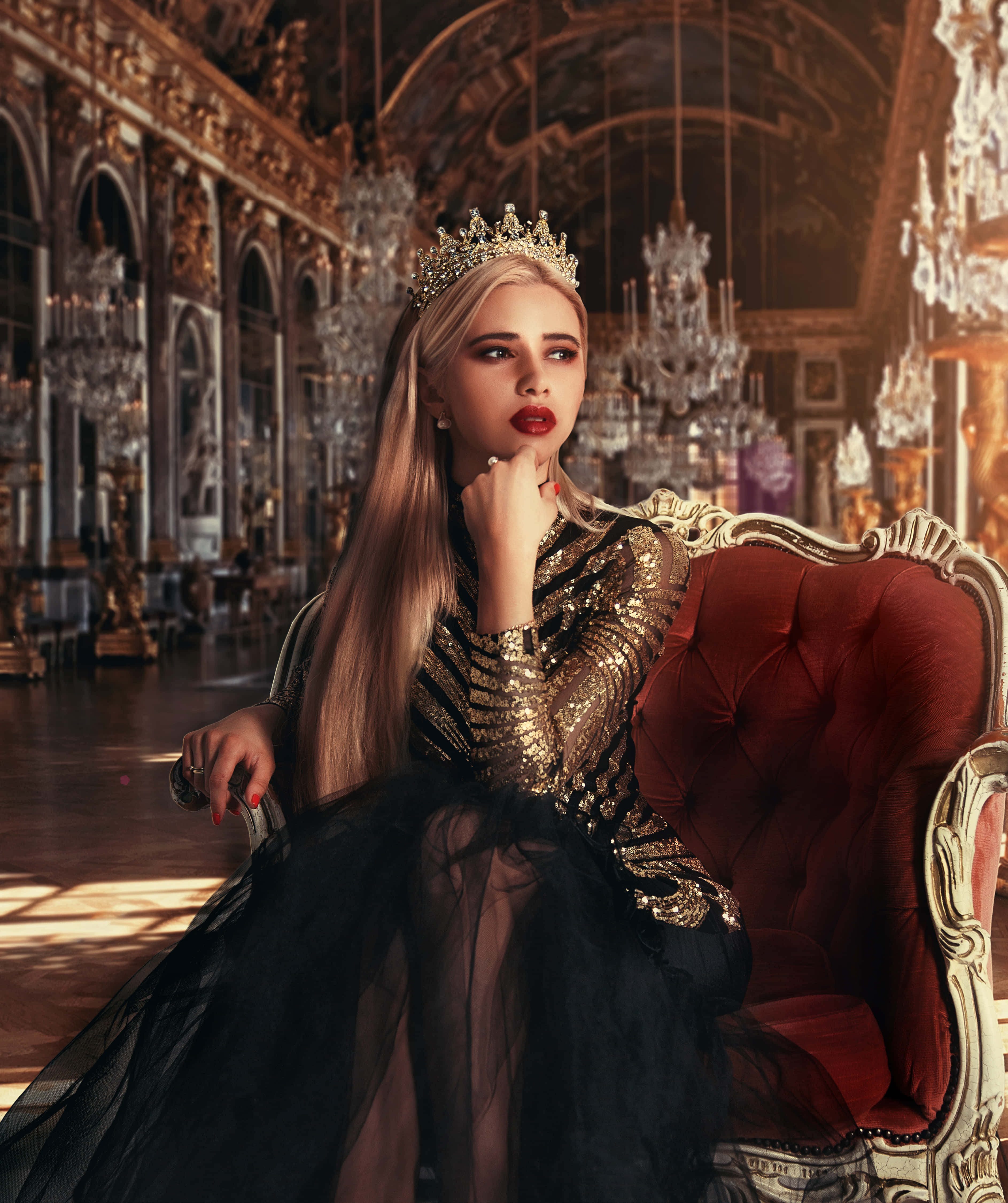 red velvet throne, golden sequined gown, crown, 4K Phone Wallpaper