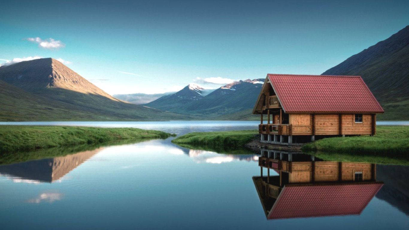 wooden cabin, red roof, grassy shore, HD Desktop Wallpaper