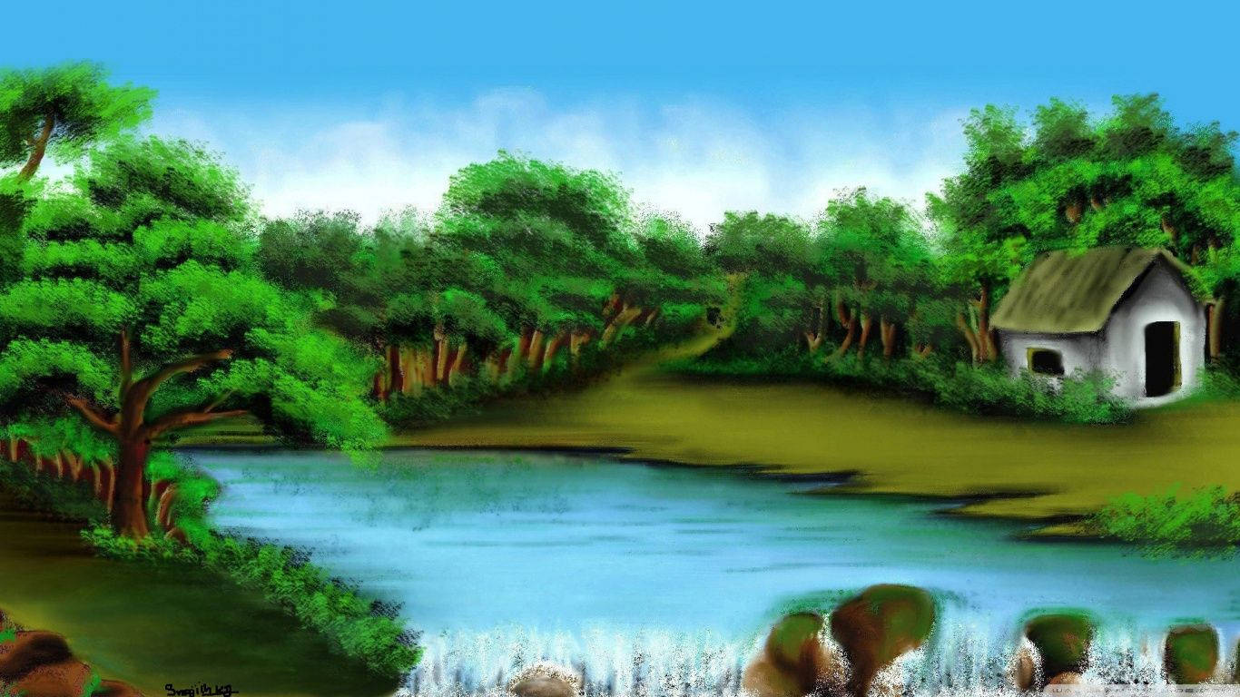 serene painted landscape, flowing river, lush green trees, HD Desktop Wallpaper