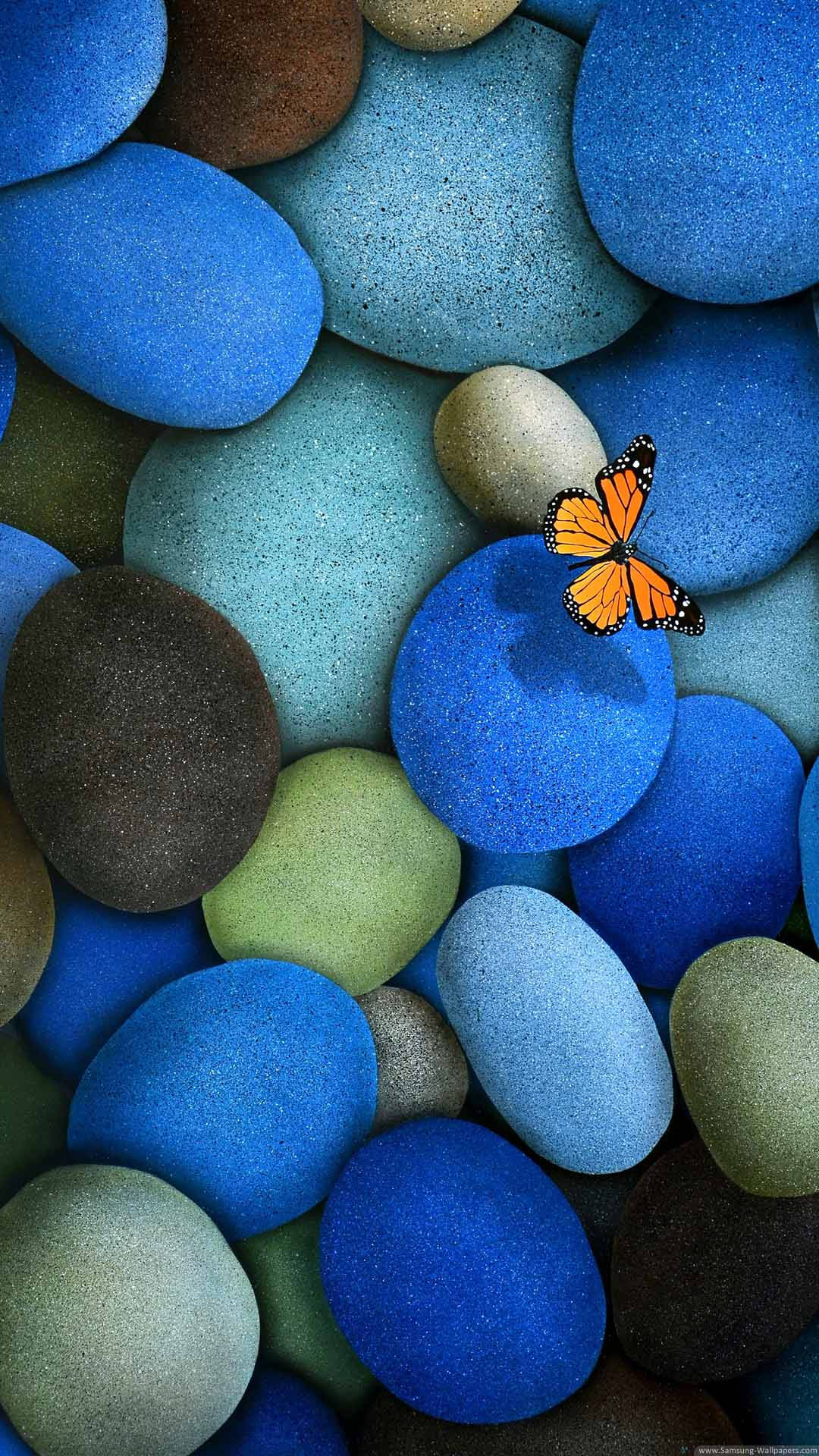 monarch butterfly, vibrant blue pebble, mosaic of smooth stones, Full HD Phone Wallpaper