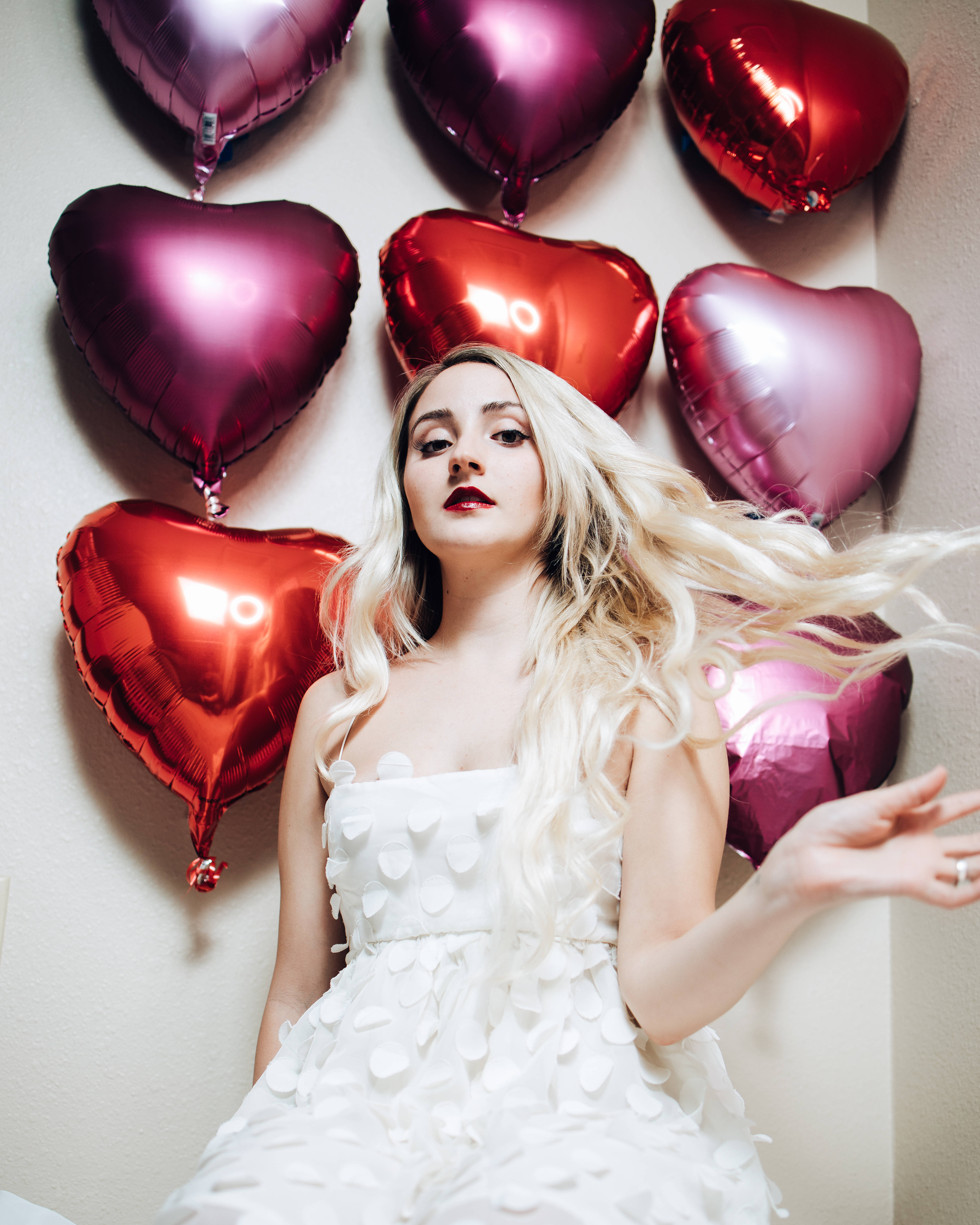 blonde woman, white dress, shiny red and pink heart balloons, 5K Phone Wallpaper