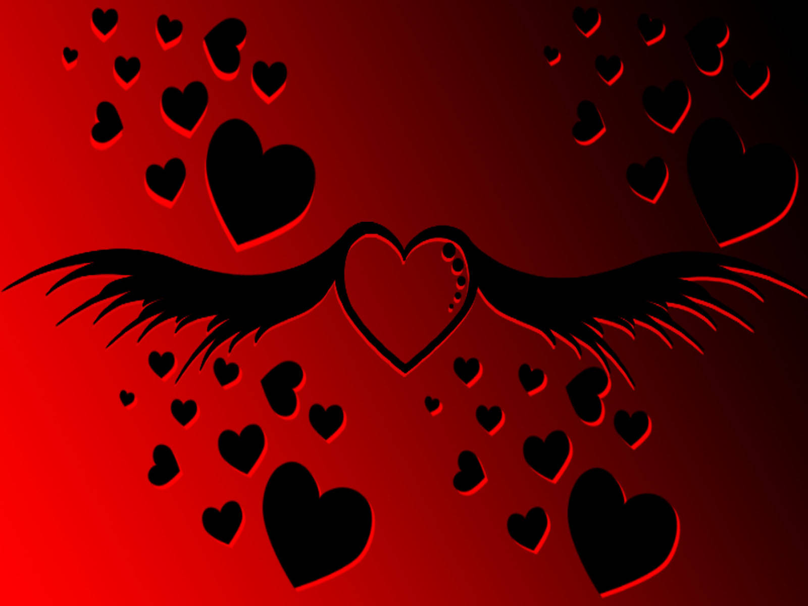 black and red, stylized heart with wings, floating hearts, HD Desktop Wallpaper
