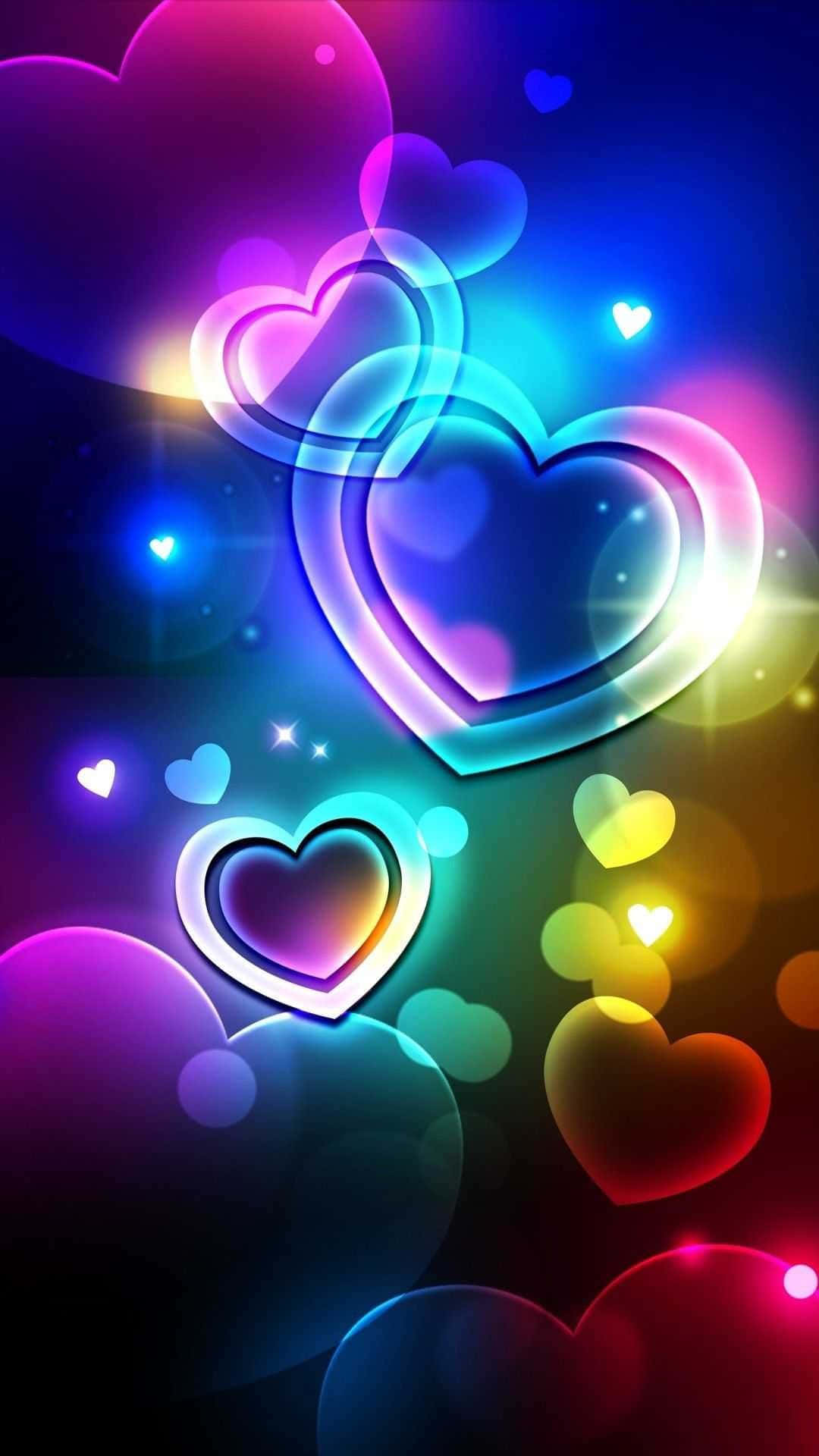 Vibrant Hearts Abstract Background, neon hues, dark gradient backdrop, Full HD Phone Wallpaper