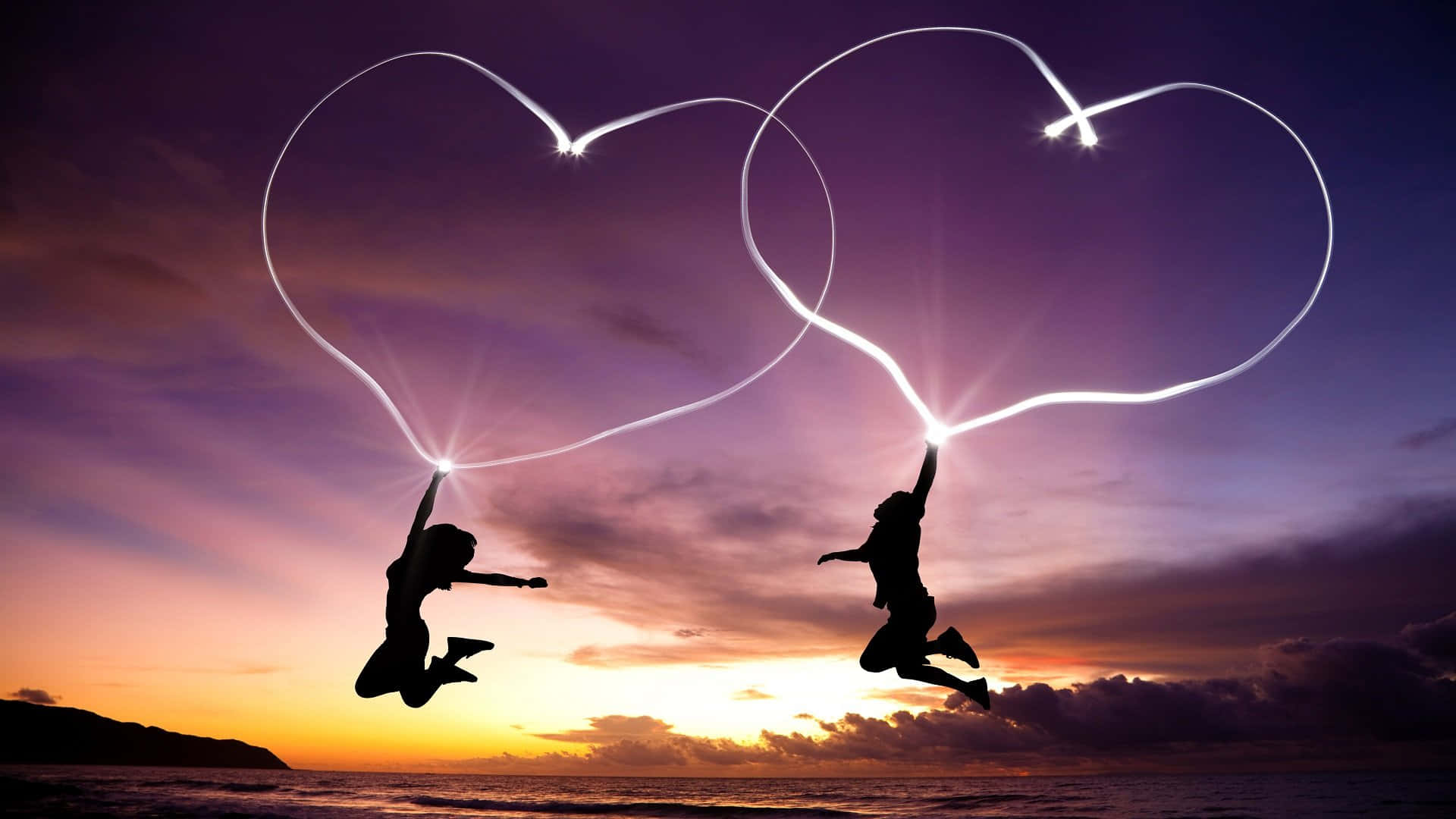 silhouettes, jumping, heart trails, Full HD Desktop Wallpaper